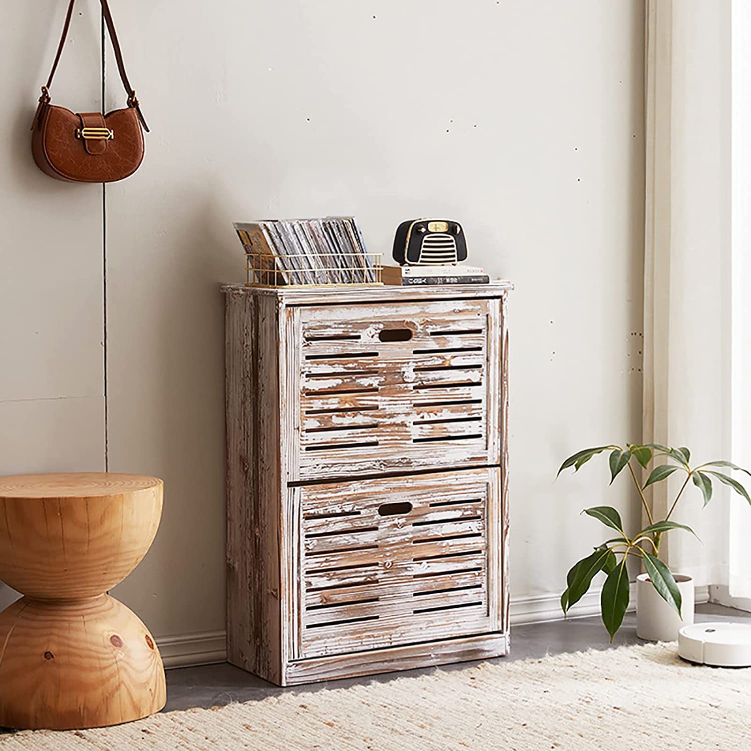 Rustic Solid Wood Shoe Cabinet Entryway Organizer - Farmhouse Hidden Shoe Rack Storage for Entryway, Hallway & Mudroom (53x24x77cm, 4-Tier, Brown) - Perfect for Small Spaces & Home Decor