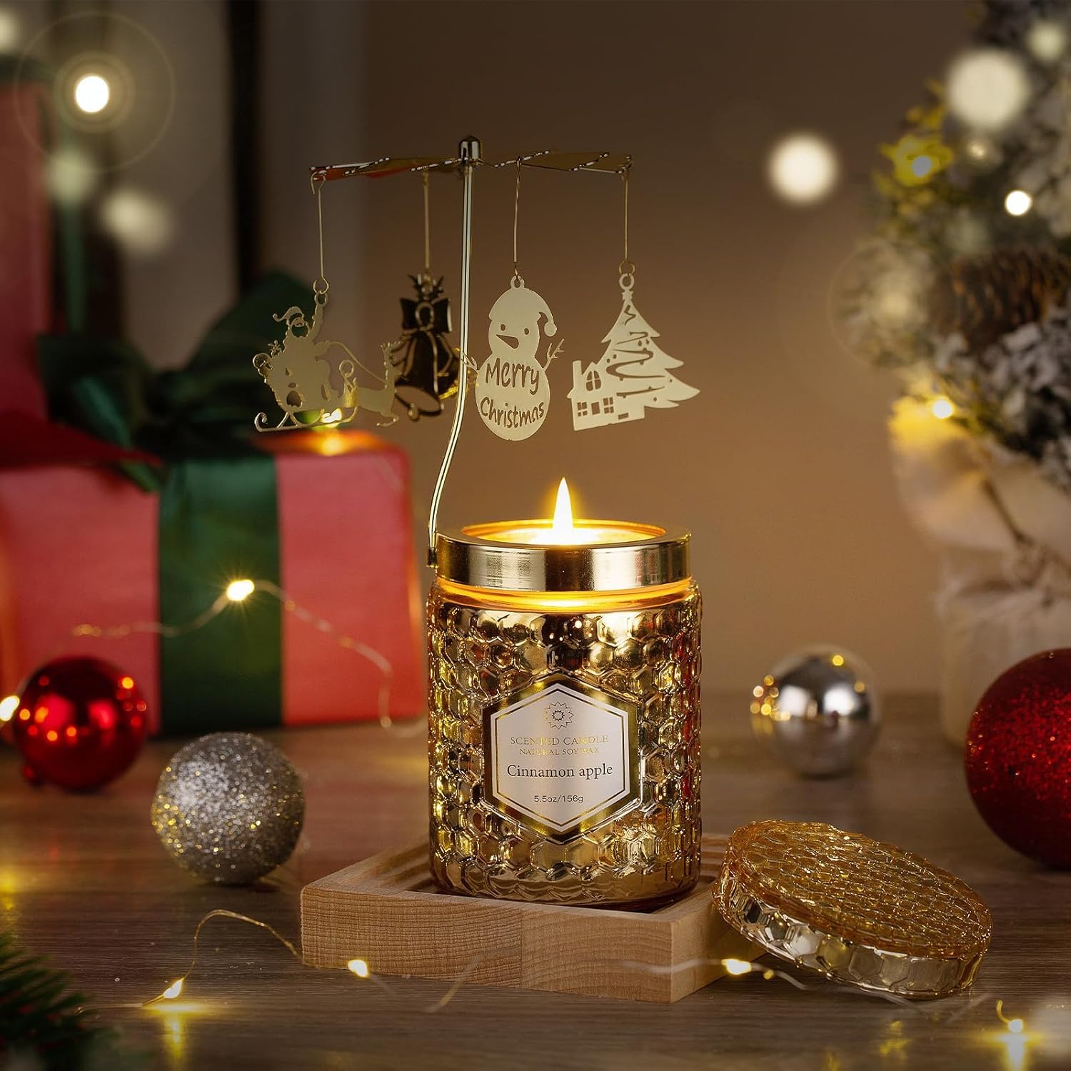 Rotating Cinnamon Apple Scented Candles - Christmas Gifts for Women, Mom, Sister, Wife - Perfect for Holiday Decor, Anniversary & Thanksgiving Celebrations - Home Fragrance & Relaxation