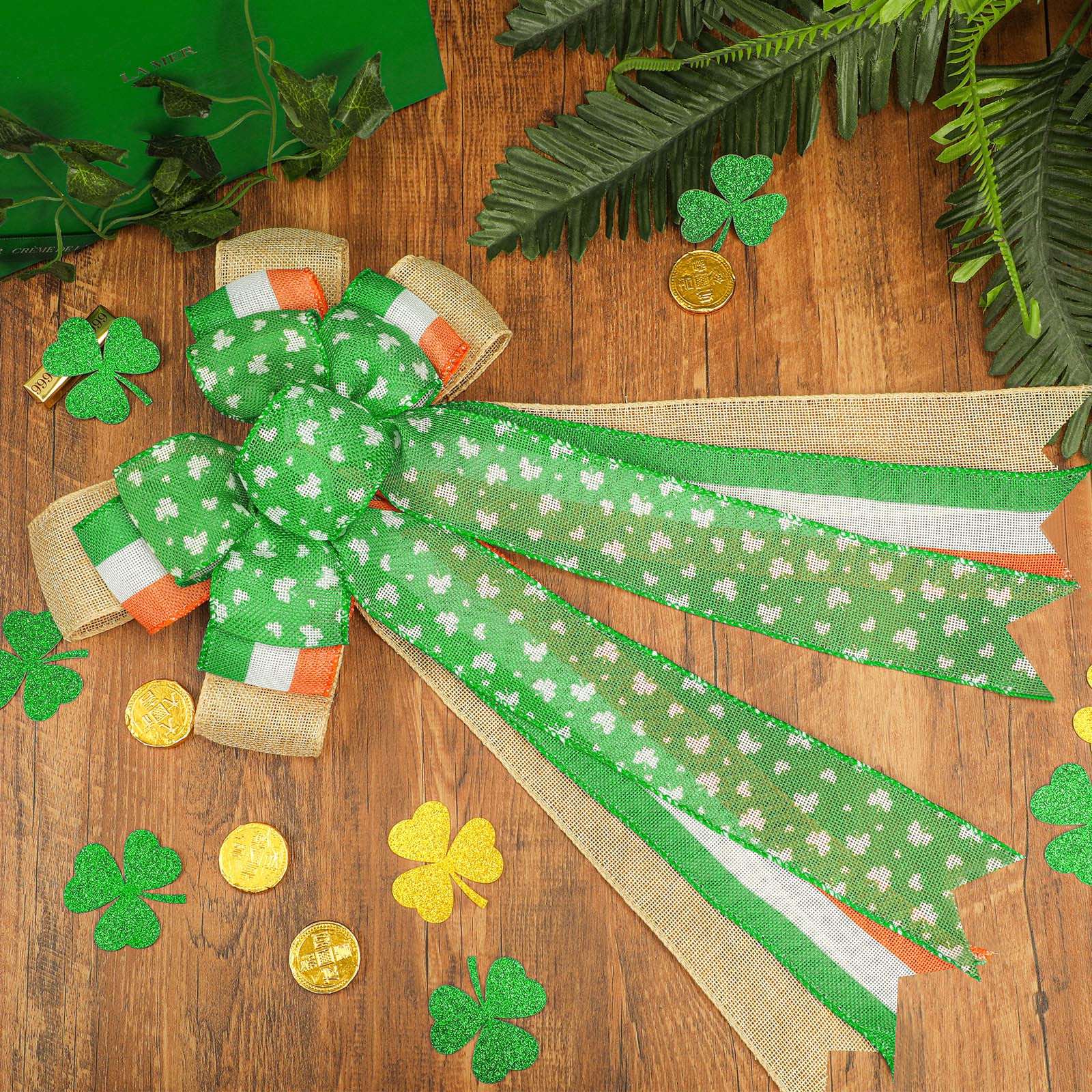 St. Patrick's Day Wreath Bow 2 Pack - Large 12x20 Inch Irish Shamrock Clover Bowknot for Holiday Decorations | Front Door Wreath Bows, Wall & Tree Ornaments | Perfect for St. Patrick's Day Party, Home & Office Decor