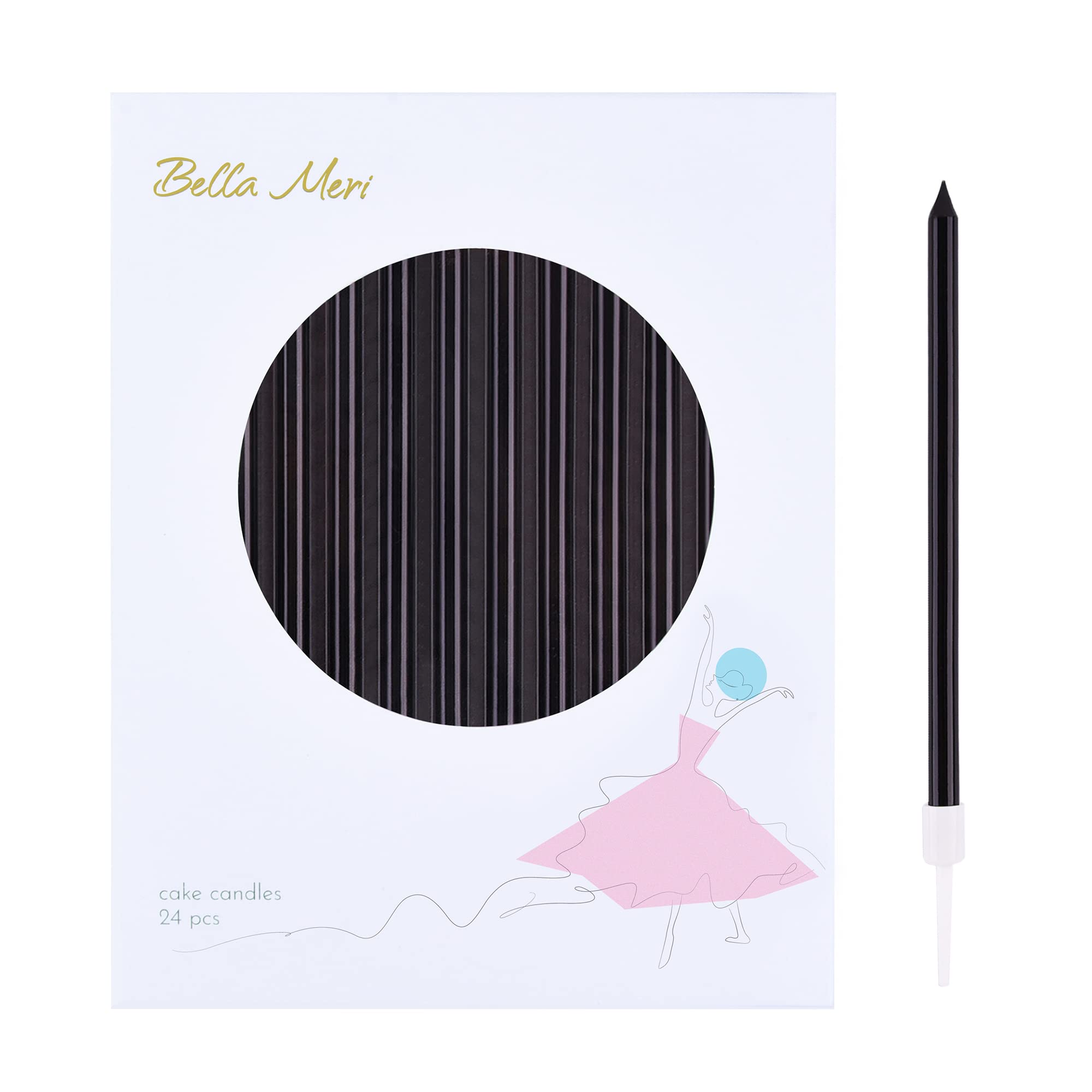 Bella Meri Black Long Thin Metallic Birthday Candles - Elegant Cake Candles for Birthday Parties, Wedding Decorations & Special Events - Perfect for Cakes, Cupcakes and Dessert Tables