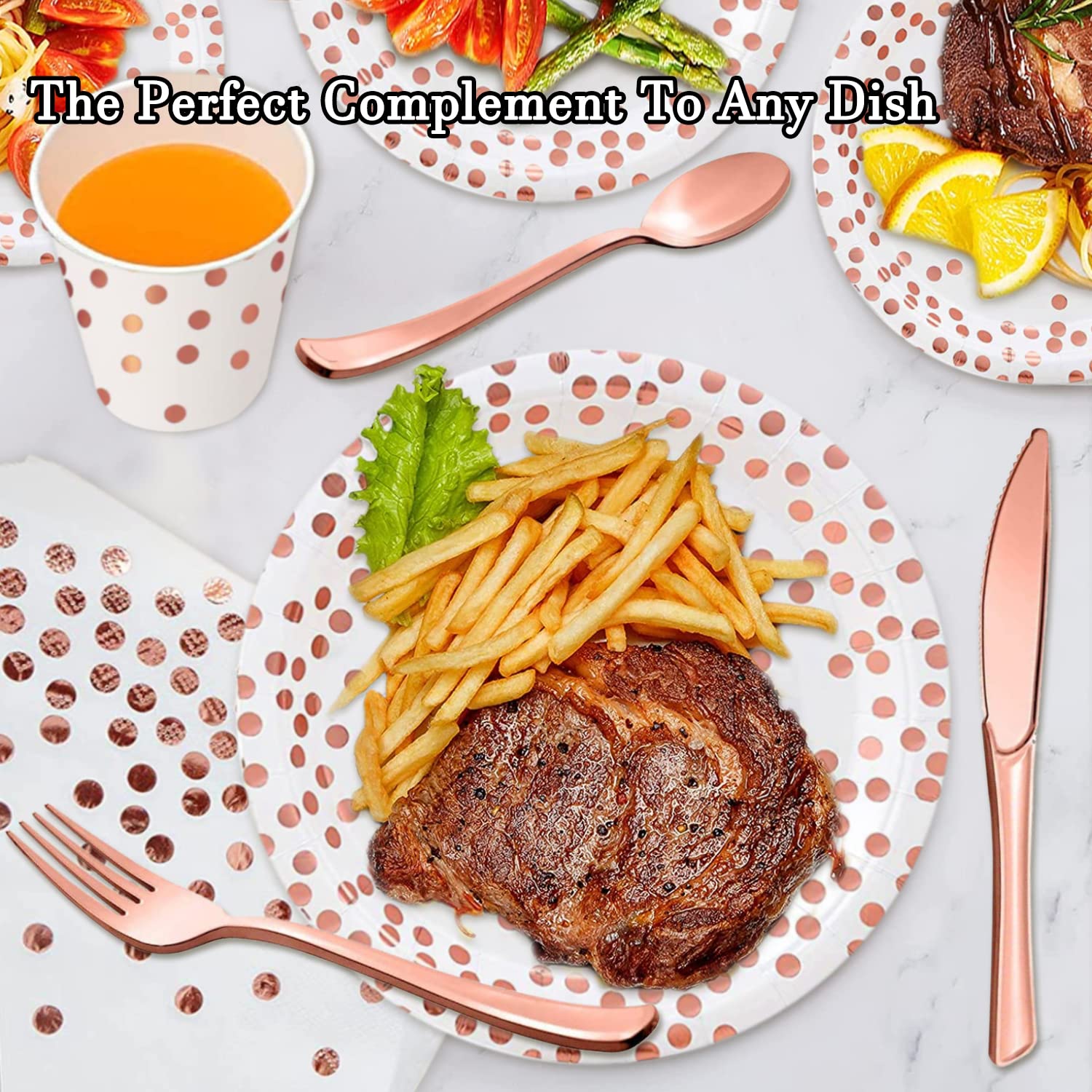 175-Piece Rose Gold Party Supplies Set - Disposable Dinnerware with White & Rose Gold Dots - Plates, Napkins, Cups, Forks, Spoons & Knives for 25 Guests - Perfect for Weddings, Birthdays & Bridal Showers - Elegant Tableware for Special Occasions