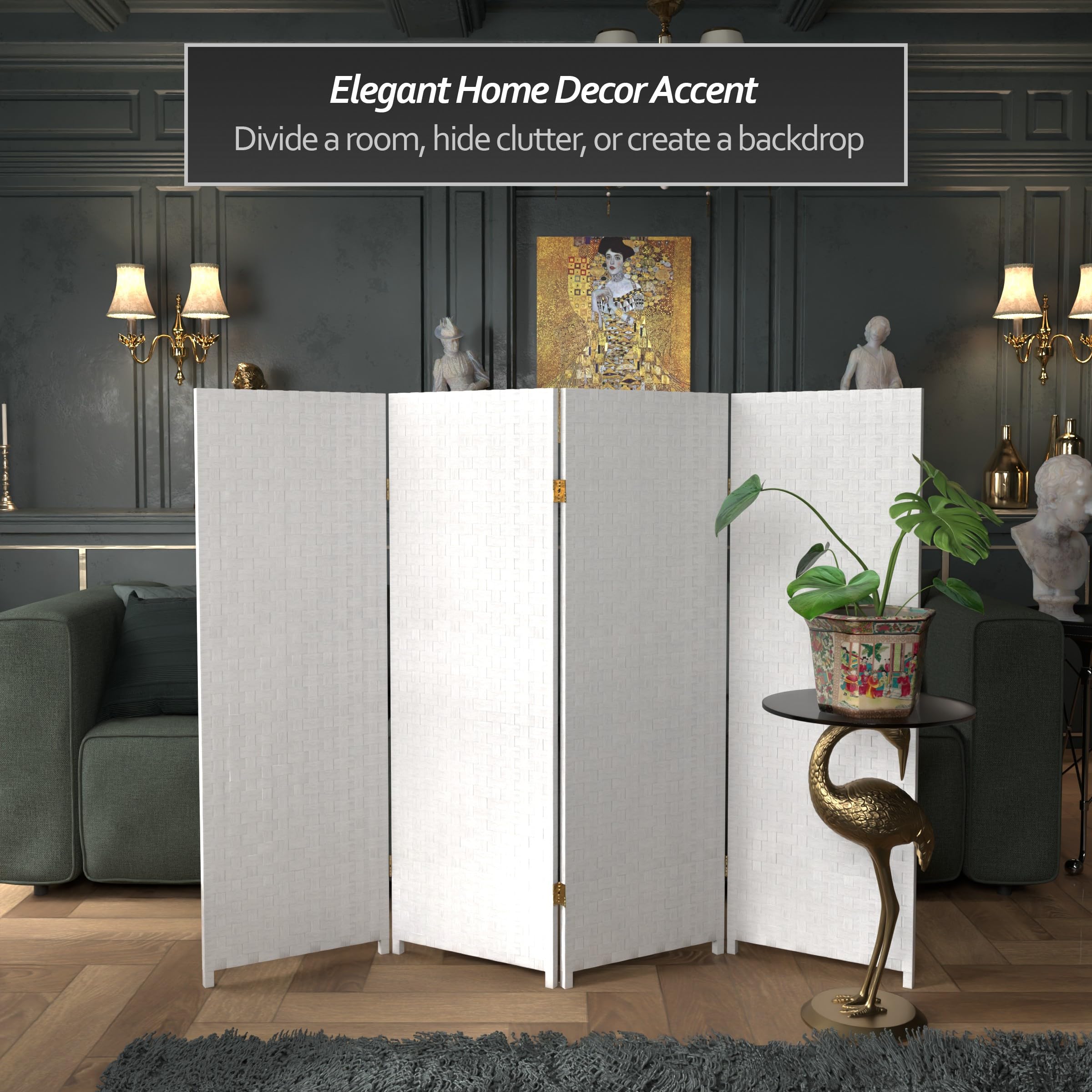 4 ft. Short Woven Fiber Folding Room Divider Screen - White - 4 Panel Privacy Partition for Home, Office, or Studio Decor