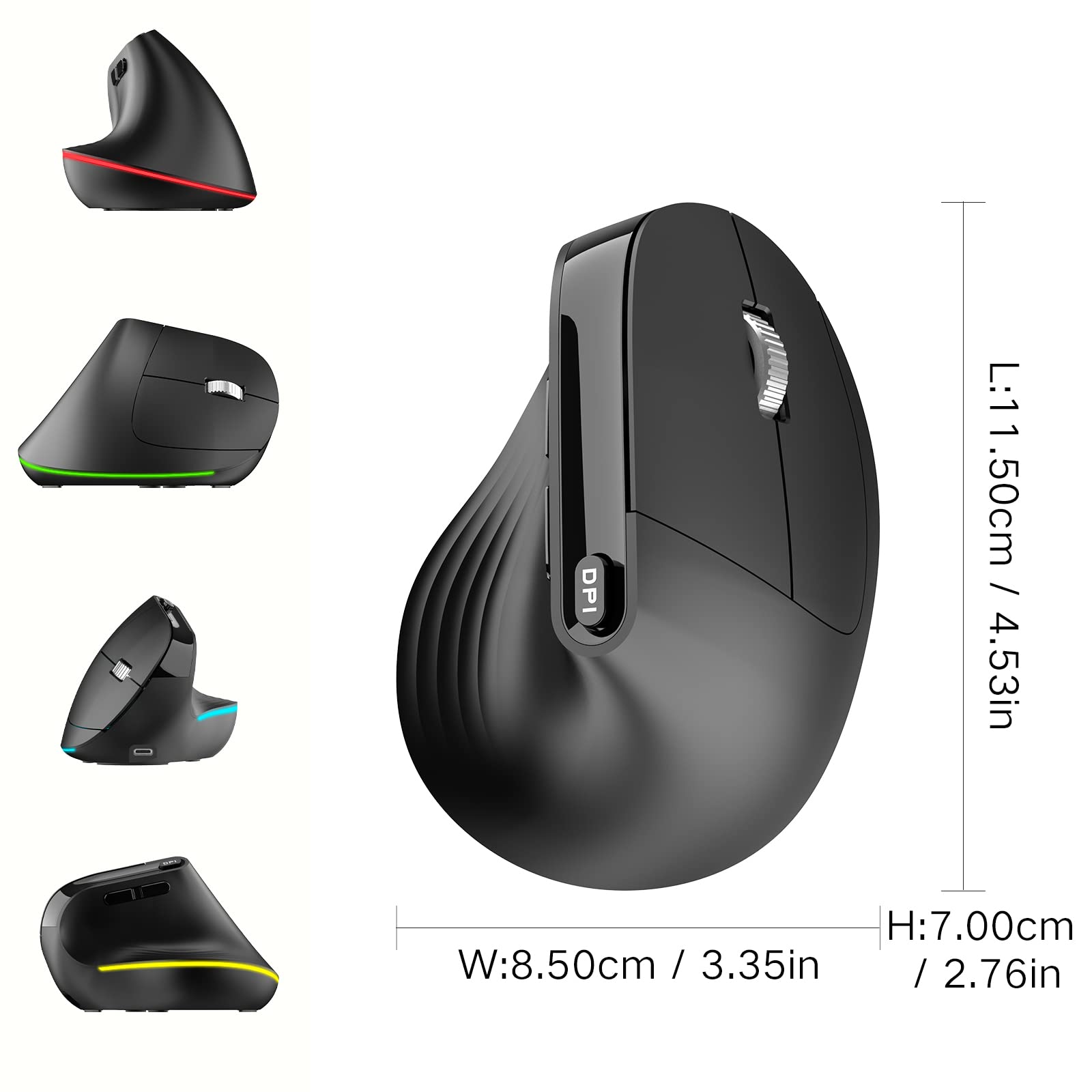 PINKCAT Wireless Ergonomic Vertical Mouse - 2.4G USB-C Rechargeable, Silent Click, Adjustable DPI (800/1200/1600) for Laptop, PC, Mac - Black | Perfect for Office Work, Gaming & Long Computer Sessions