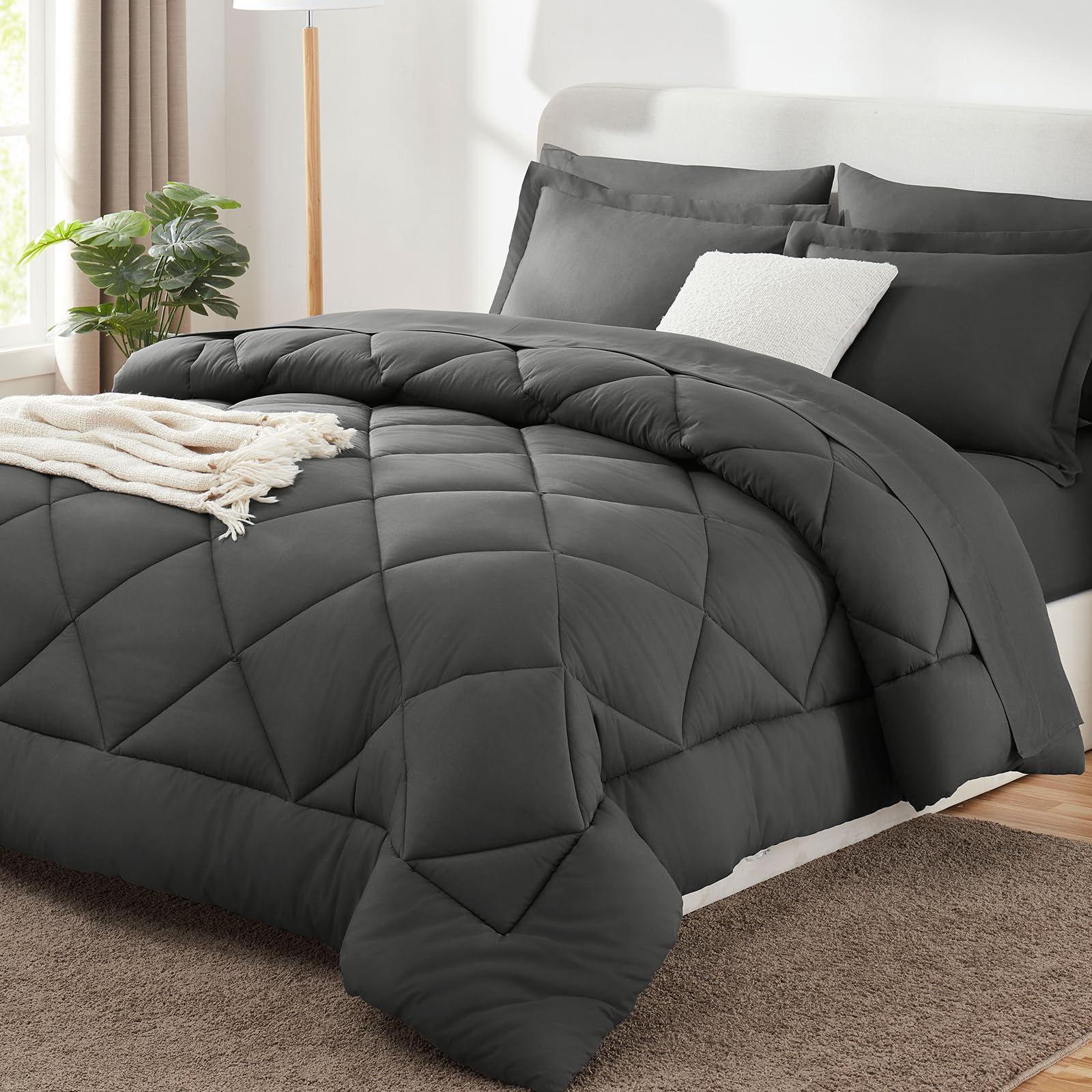 CozyLux King Size 7-Piece Bed in a Bag Comforter Set - All Season Dark Grey Bedding Includes Comforter, Pillow Shams, Sheets & Pillowcases | Perfect for Master Bedroom, Guest Room & Dorm Decor