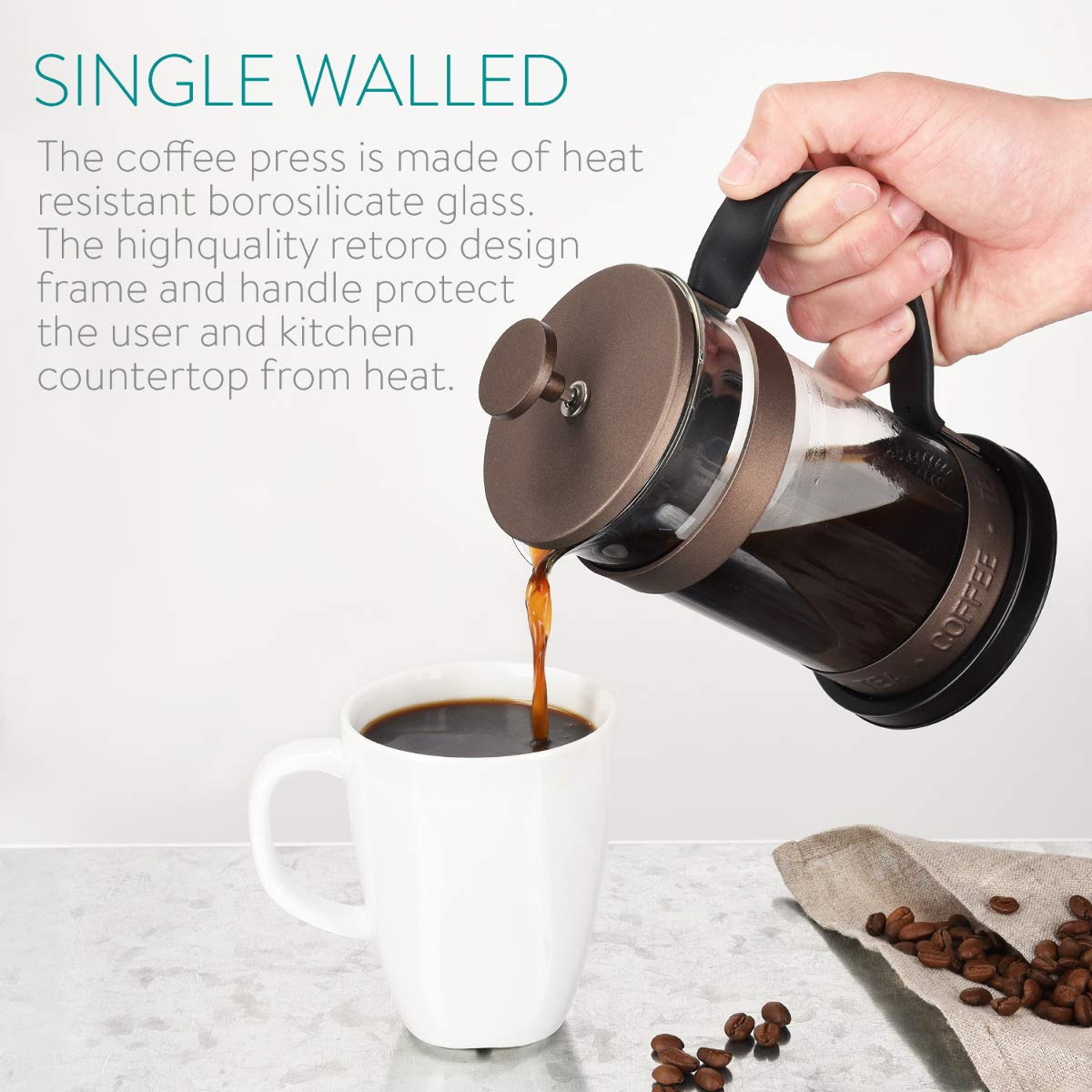 Navaris Retro French Press Coffee Maker 20 oz - Stainless Steel Coffee & Tea Press with Plunger, Filter & Durable Borosilicate Glass - Perfect for Home, Office & Camping Brewing