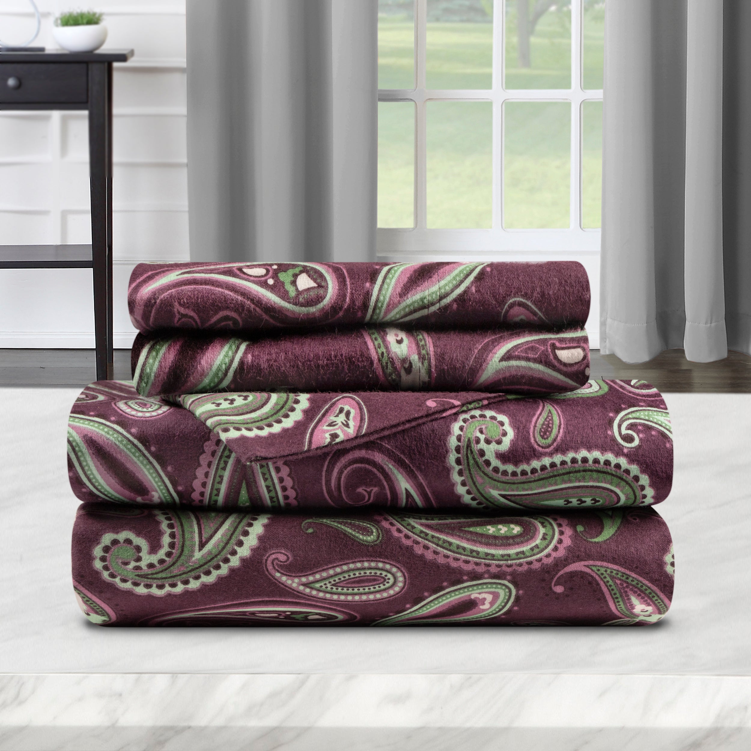 Soft Flannel Cotton Floral Paisley Bed Sheet Set with Deep Pockets - Queen Size, 4-Piece Set for Cozy Winter Nights & Guest Room Comfort
