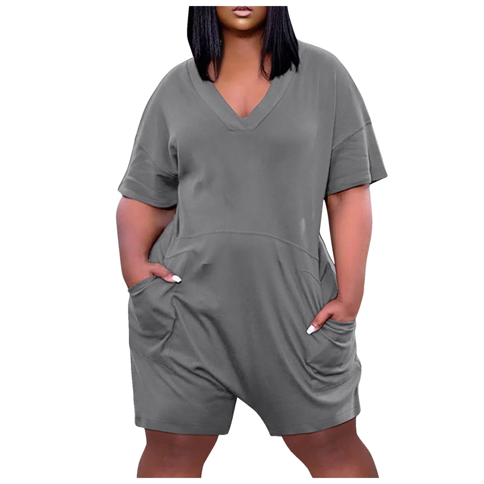 Plus Size Jumpsuits for Women - Black Overalls & Denim Rompers, Casual V-Neck Short Sleeve with Pockets, Wide Leg Shorts (S-5XL) - Perfect for Summer Outings, Casual Wear, and Everyday Comfort
