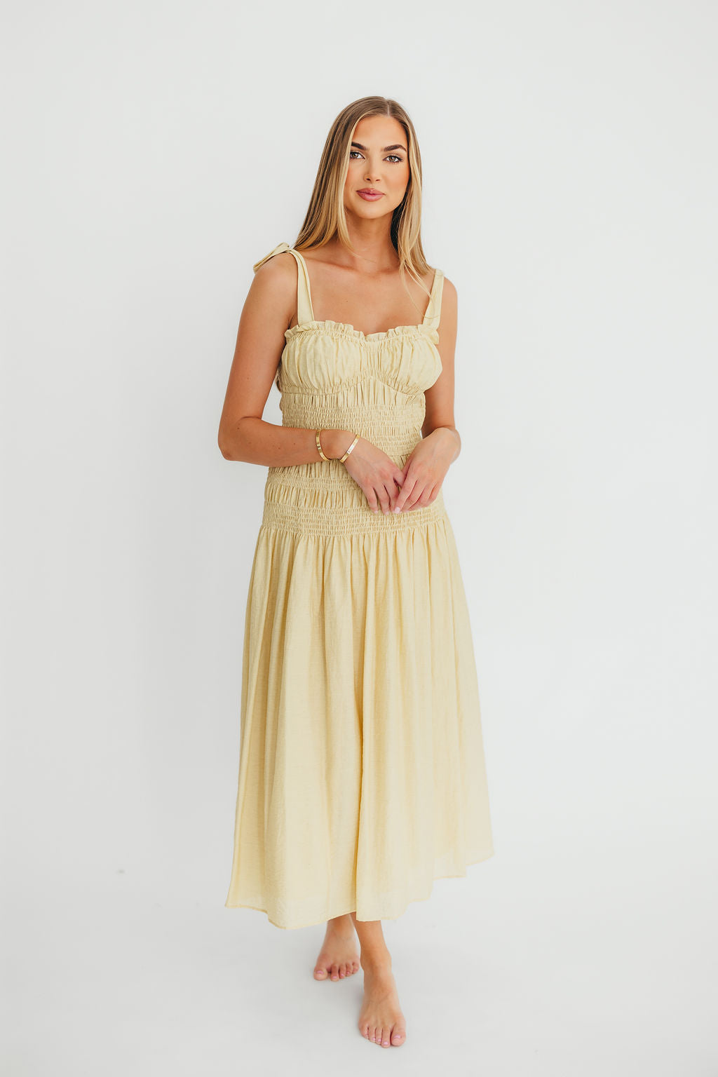 Della Women's Adjustable Tie Midi Dress in Yellow - Flowy Summer Dress for Beach, Party & Casual Wear
