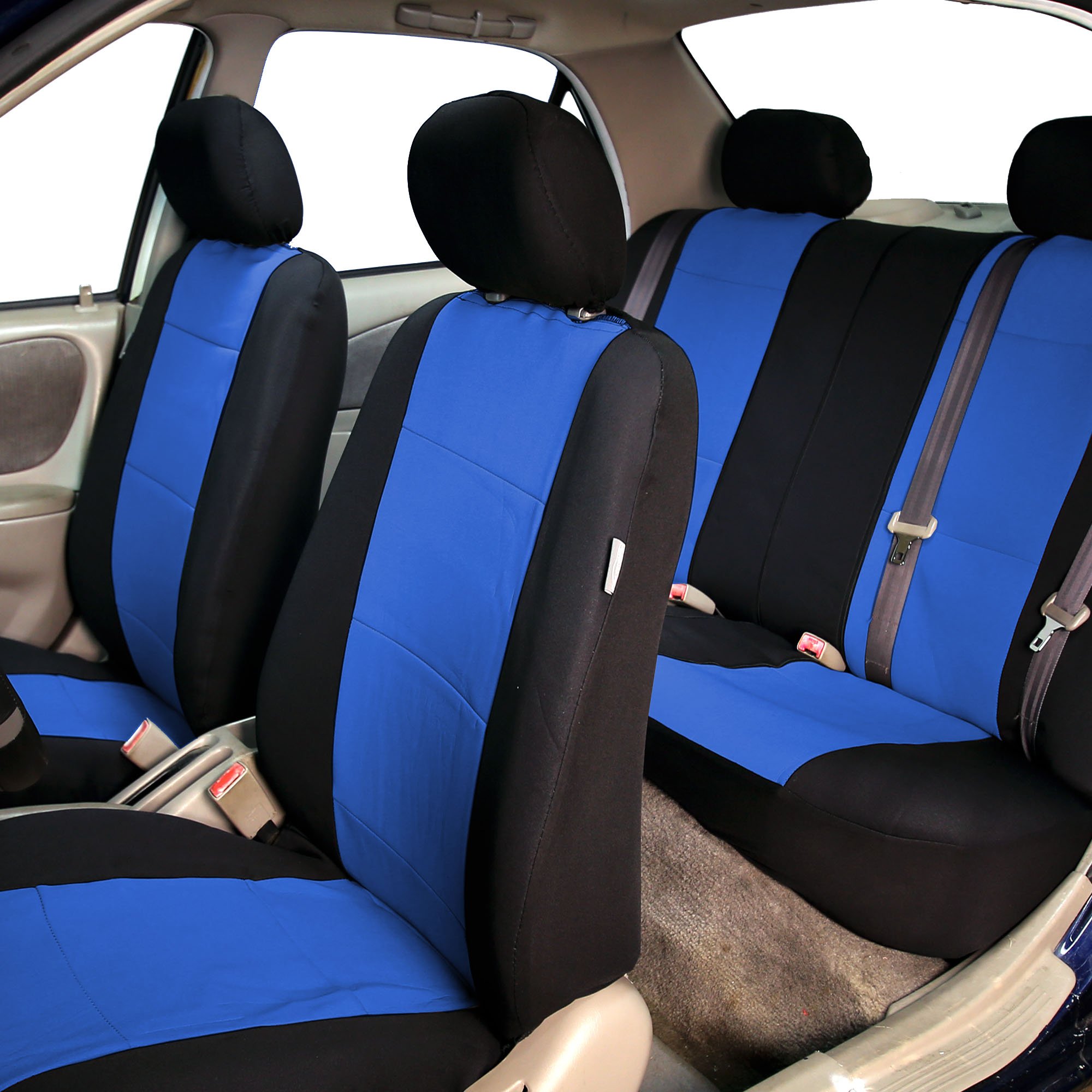 TLH Neoprene Blue Car Seat Covers Full Set - Airbag Compatible, Universal Fit with Tall Channel Trimmable Rubber Floor Mats | Waterproof Automotive Seat Protectors for Cars, Trucks & SUVs | Perfect for Daily Commute, Road Trips & Outdoor Adventures