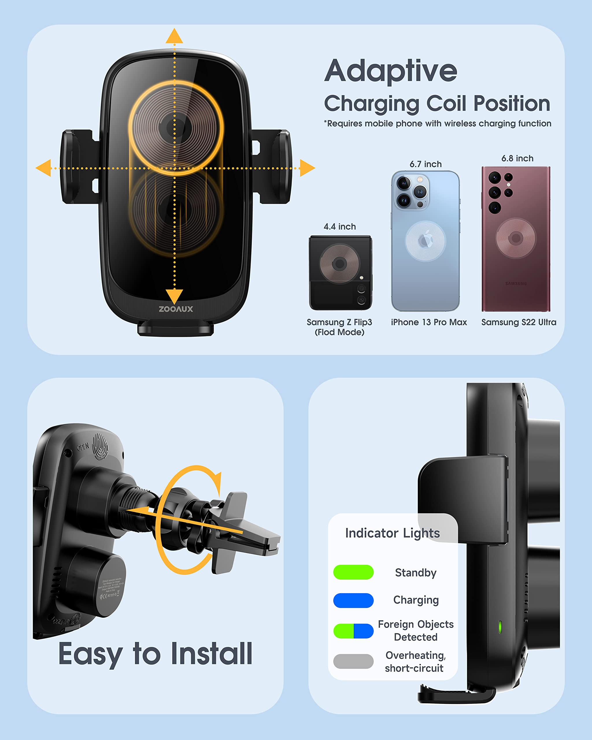 Auto-Aligning 15W Wireless Car Charger Mount - Fast Charging Phone Holder for iPhone 13/12/11/X/8 & Samsung Galaxy S22/S21/Z Flip3/Note10 - Secure Air Vent Mount with Auto-Clamping - Perfect for Commuting, Road Trips & Hands-Free Driving