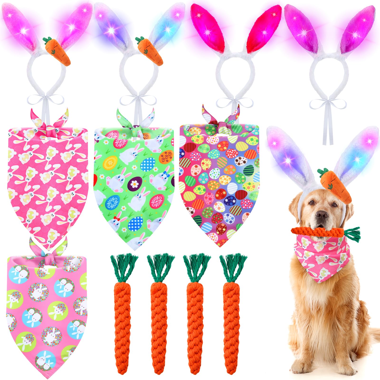 12 Pcs Dog Easter Costume Set - LED Bunny Ears Headband, Easter Bandanas & Chew Toys for Small Medium Dogs | Fun Easter Party Outfits & Gifts for Puppies | Perfect for Easter Photos, Pet Parades & Holiday Celebrations