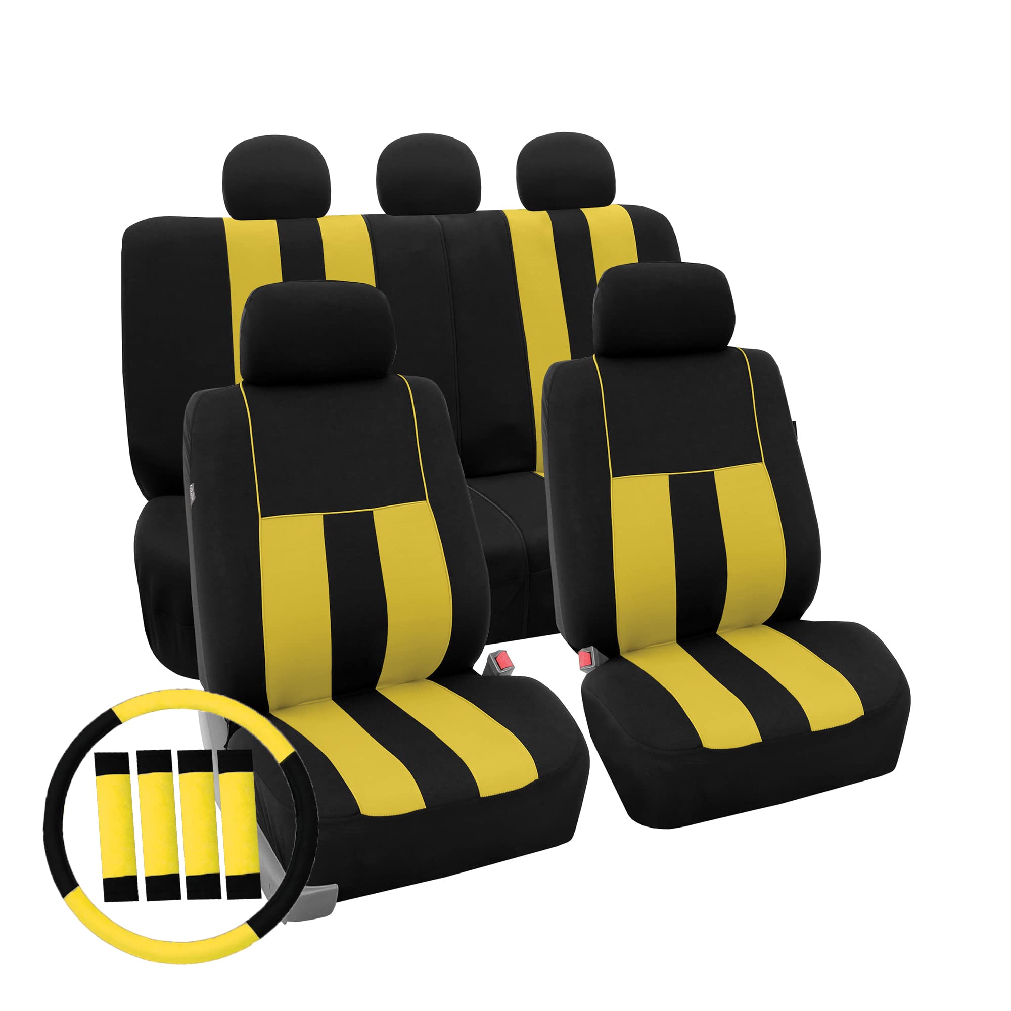 FH Group Universal Car Seat Covers - Full Set Yellow Striped Design, Airbag Compatible & Split Rear Seat Cover for Cars, Trucks, SUVs | Durable Interior Accessories for Daily Commute & Road Trips