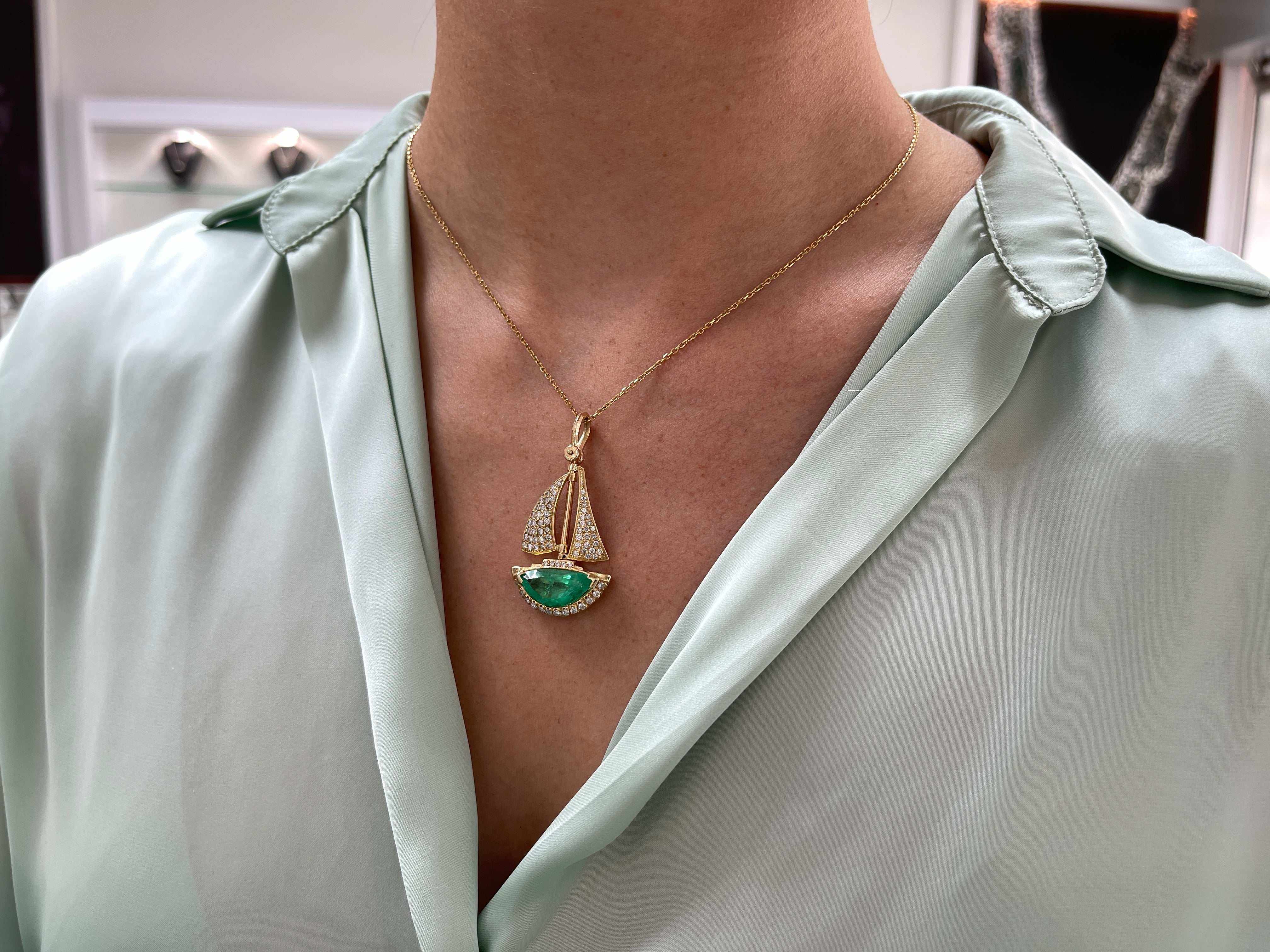 6.61tcw AAA Quality Half Moon Colombian Emerald & Diamond Handmade Sailboat 14K Gold Pendant - Perfect for Nautical Jewelry Gifts, Beach Weddings & Cruise Vacations