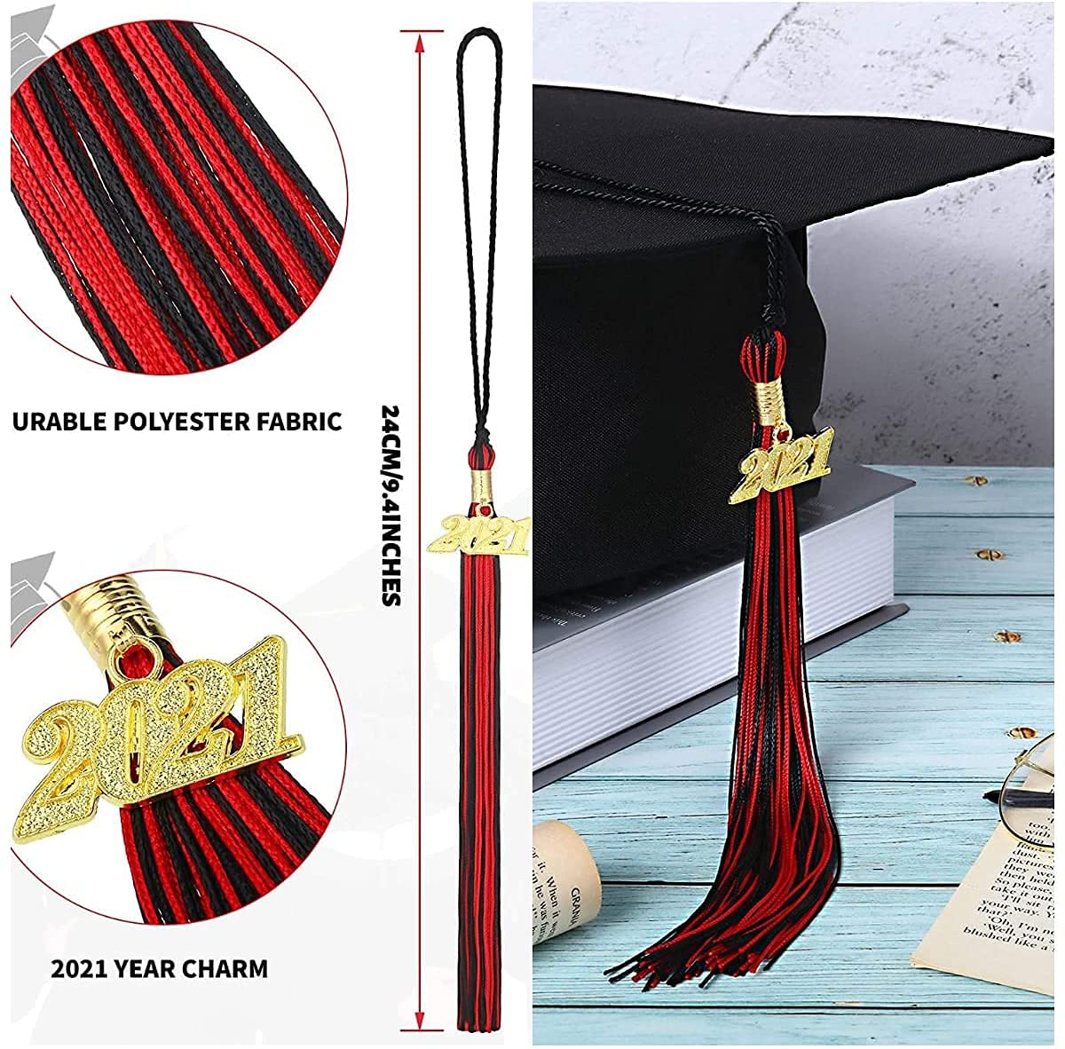 2021 Graduation Tassel with Gold Charm - Double Color Cap Tassel for High School & College Graduation Ceremony - Perfect for Graduation Gowns, Yearbooks & Commencement Photos