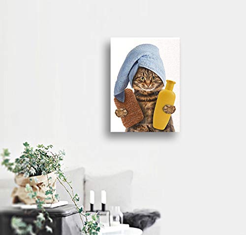 Ansouyi 16x20 Inches Funny Cat Canvas Wall Art - Pet Bath Time Painting for Animal Lovers, Spa Decor & Home Decoration - Perfect for Living Room, Bathroom & Bedroom Wall Decor