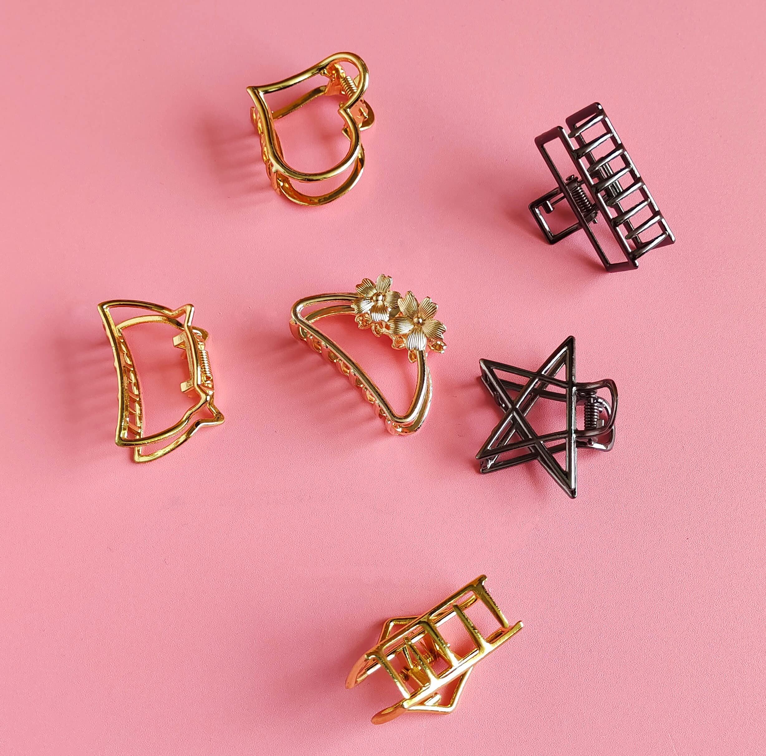 Korean Style Metal Glossy Finish Hair Claw Clips - Golden Hair Clutcher Accessories for Women & Girls (6 Pcs) - Perfect for Updos, Ponytails & Everyday Hairstyles