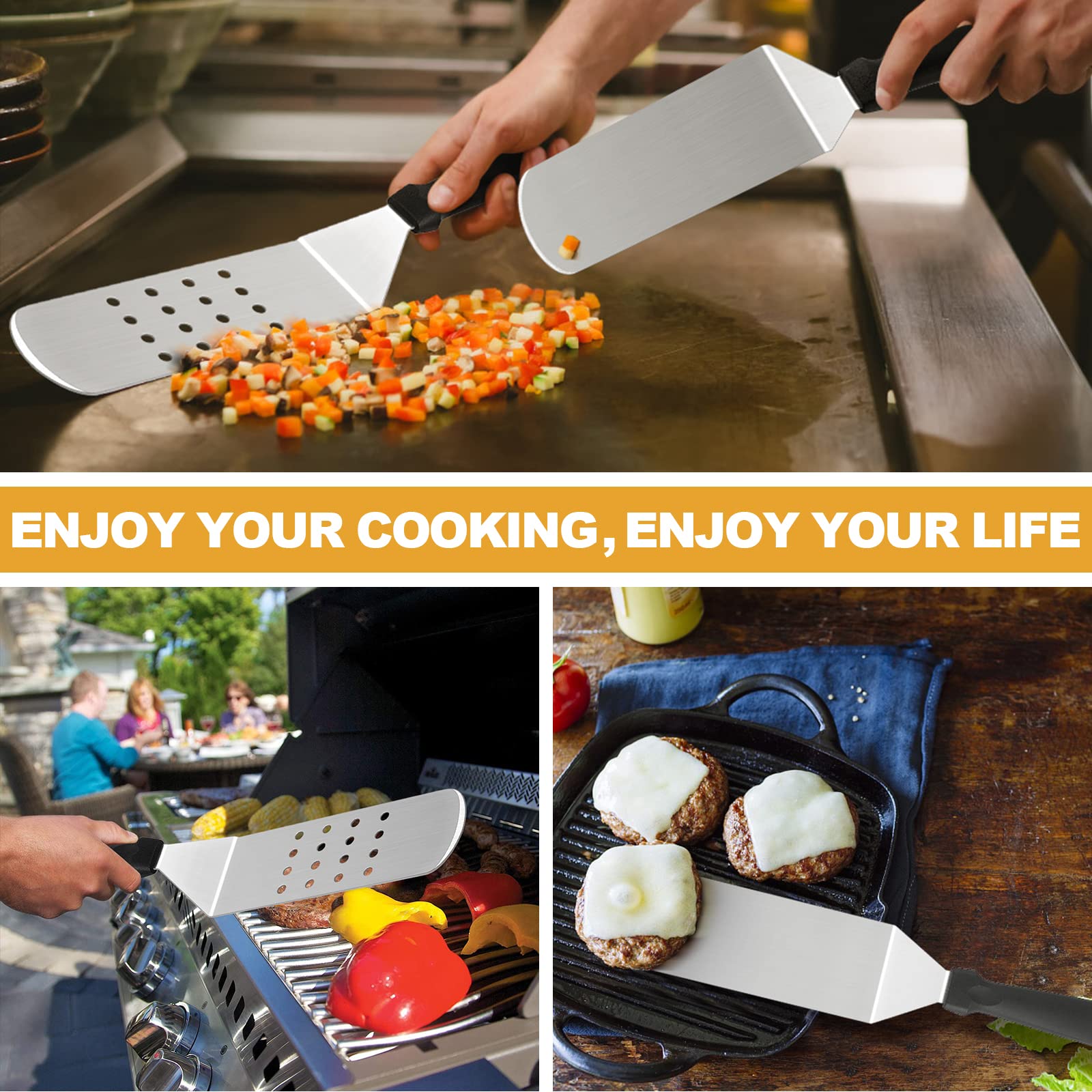 HaSteeL 5-Piece Heavy Duty Stainless Steel Griddle Accessories Kit - Professional Flat Top Grill Tools Set with Spatula, Pancake Flipper, Burger Turner & Scraper for BBQ, Cast Iron Cooking & Outdoor Grilling - Perfect for Backyard Parties, Camping & Restaurant Use