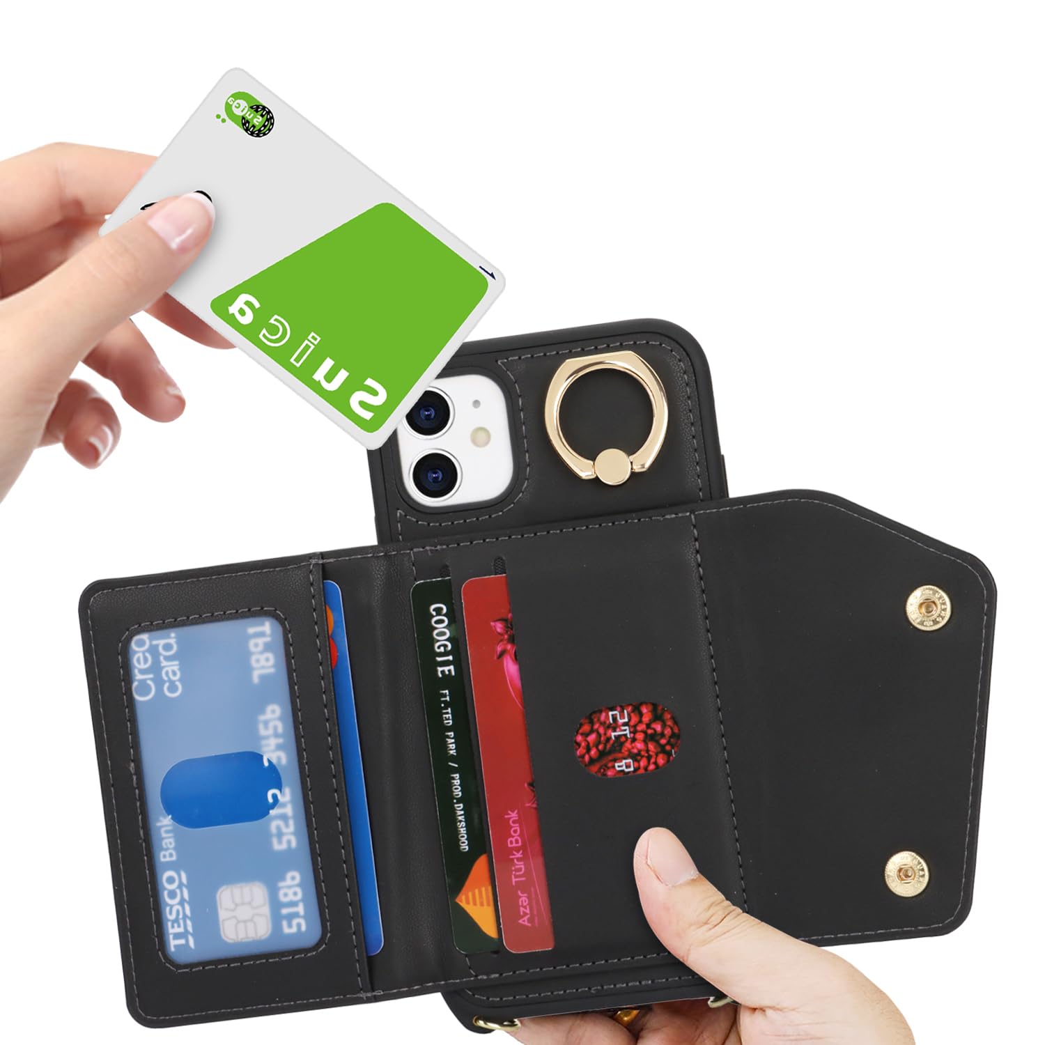 Premium iPhone 11 Wallet Case with Card Holder & Crossbody Strap - 6.1 Inch Protective Phone Cover with Zipper Pocket, Stand Ring & Lanyard - Stylish Black Women's Phone Wallet for Daily Use, Shopping & Travel