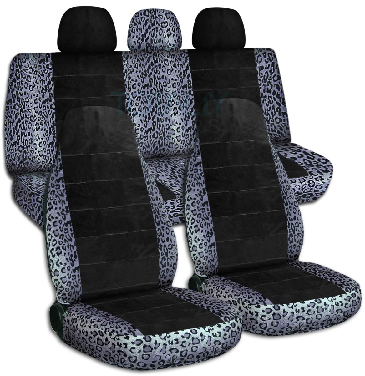 Gray Leopard Print Universal Car Seat Covers Full Set - Semi-Custom Fit for Cars, Trucks, Vans, RVs & SUVs - Includes 3 Rear Headrest Covers (30 Animal Print Options) - Durable Protection for Pets, Kids & Everyday Use