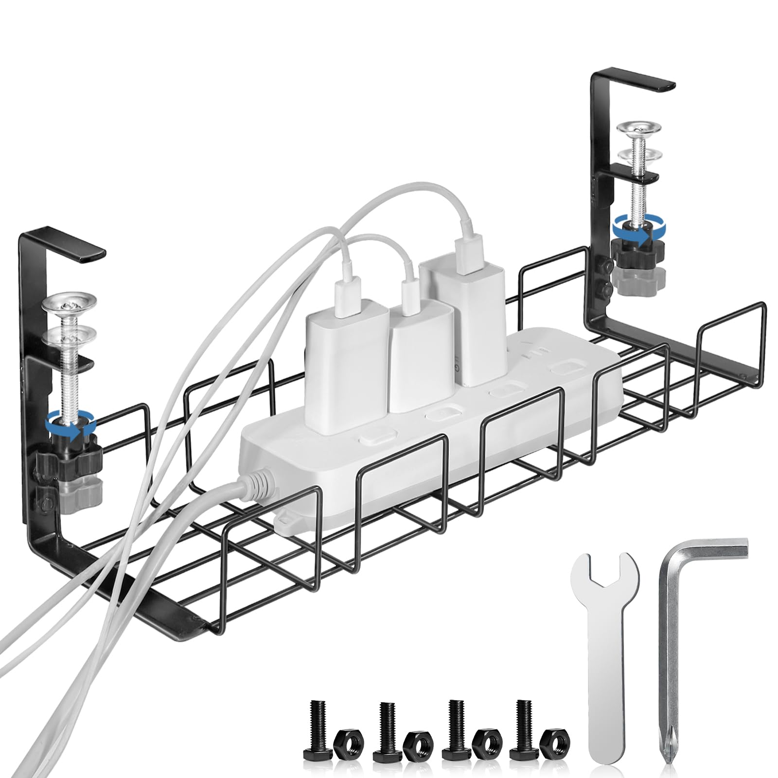 Under Desk Cable Management Tray - No Drill Metal Cord Organizer with Clamp | Inward/Outward Wire Basket for Computer & Office | Home Desk Cable Organizer Shelf (Black) - Perfect for Workspace & Home Office Organization