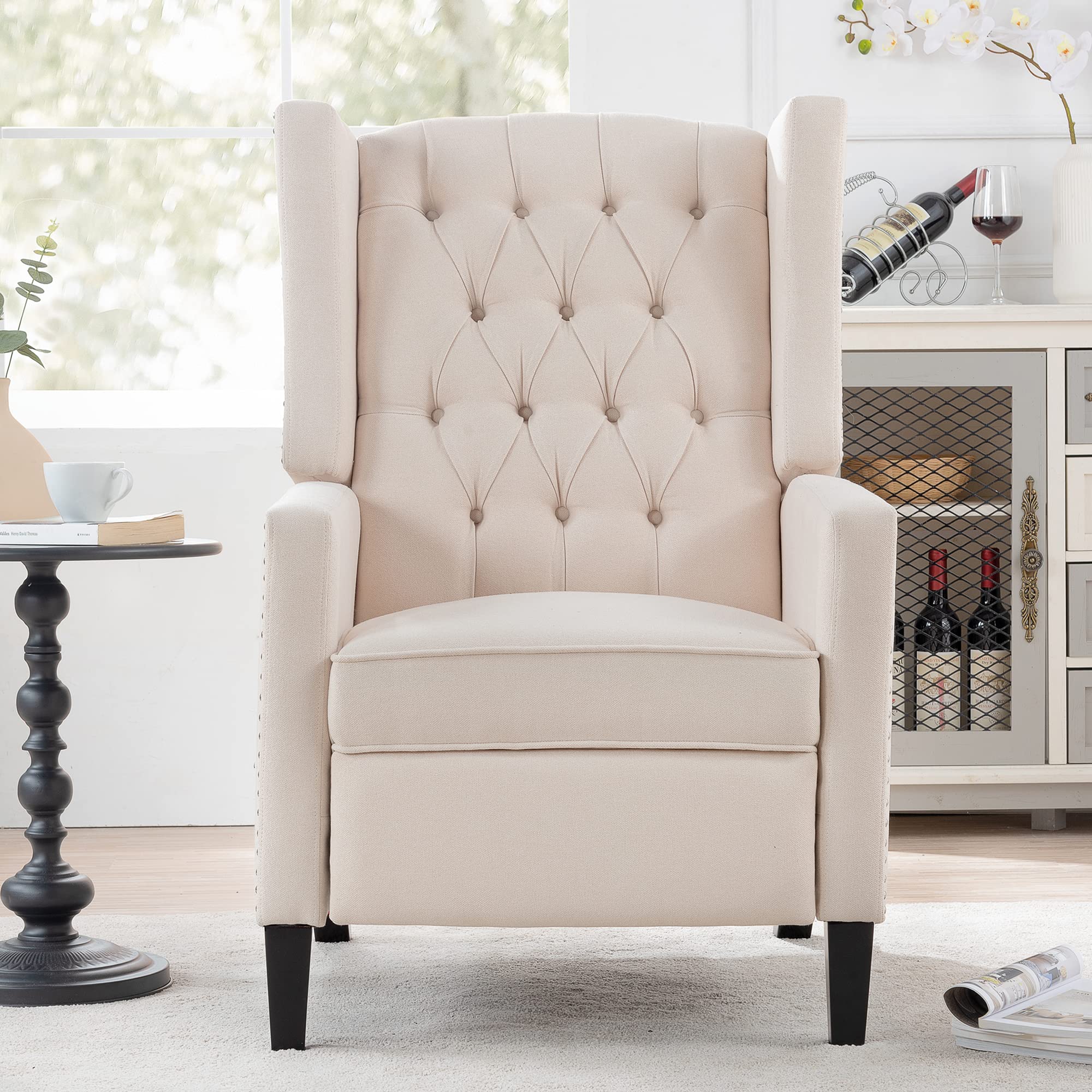 Mid-Century Modern Wingback Accent Chair with Recliner, Button Tufted Upholstery & Nailhead Trim - Padded Lounge Armchair for Living Room, Bedroom, or Office - Comfortable Single Sofa in Beige - Perfect for Relaxing, Reading, or Adding Elegant Style to Your Home Decor