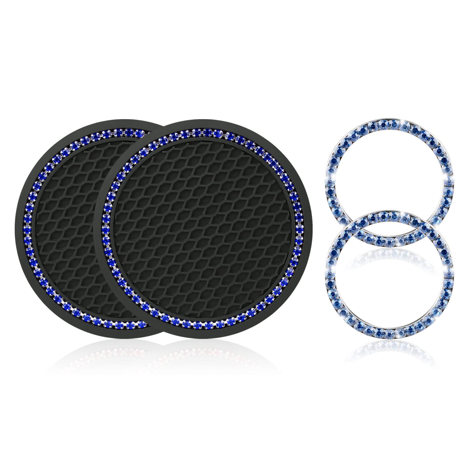 Ouzorp 4Pcs Bling Crystal Rhinestone Car Cup Holder Coasters with Push Start Button - Blue Car Interior Accessories for Luxury Vehicles & Gift Ideas