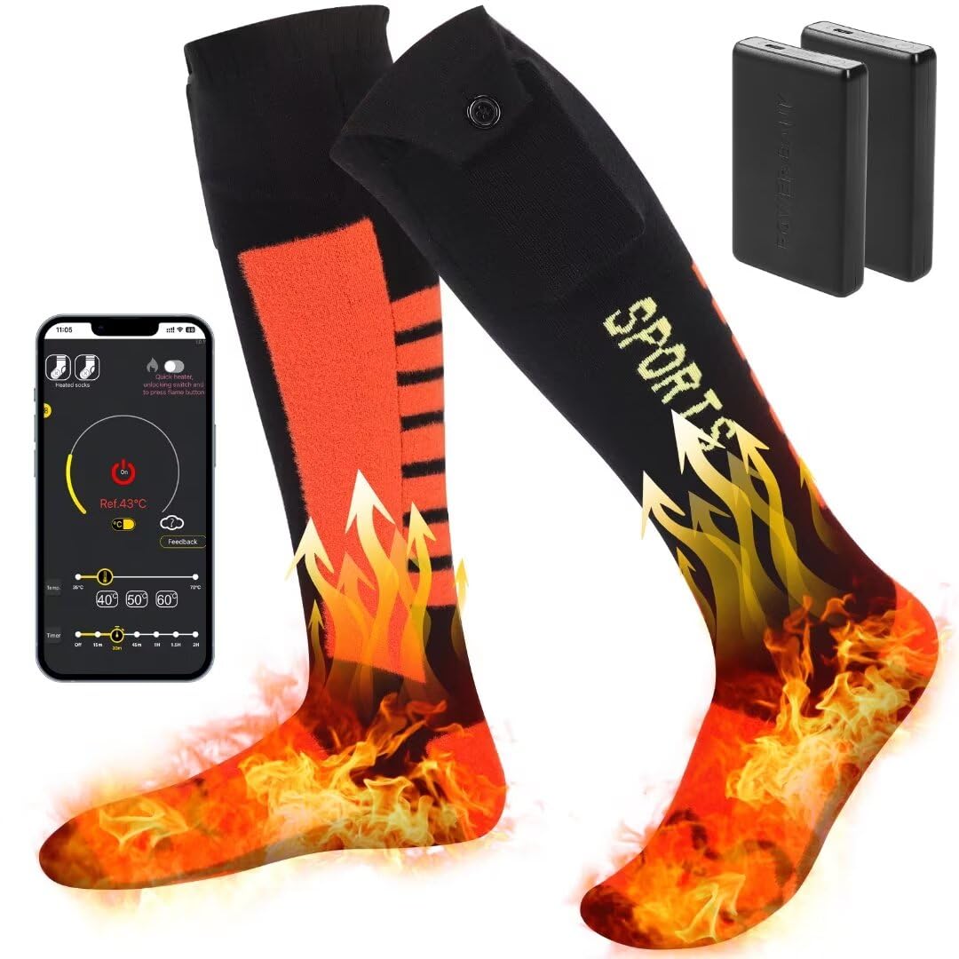 Rechargeable 5000mAh Electric Heated Socks for Men & Women with APP Control - Washable Foot Warmers for Hiking, Riding, Camping, Skiing & Outdoor Winter Activities