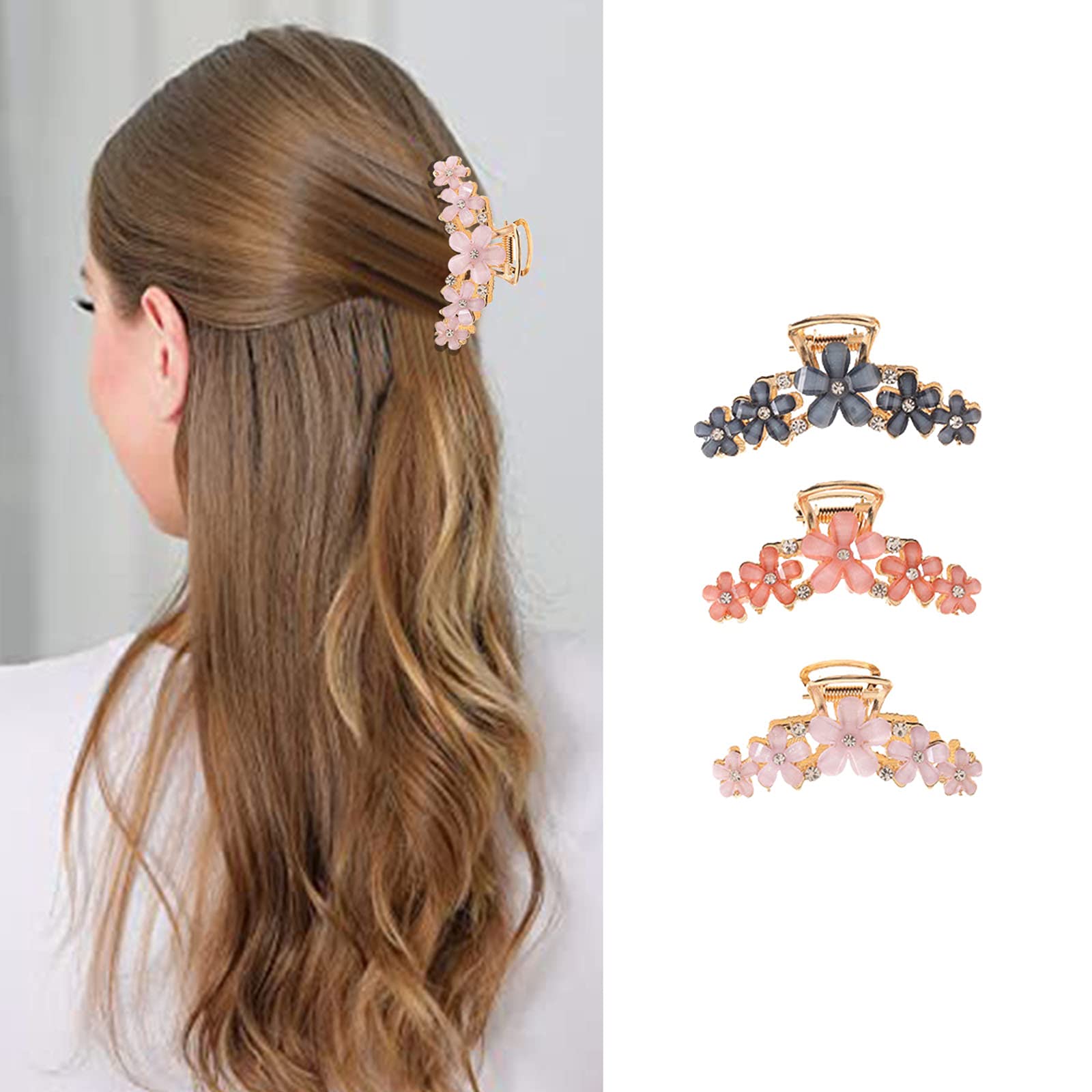 3 Pcs Metal Hair Claw Clips with Flower Design - 2.8 Inch Non-Slip Jumbo Hair Clips for Women (Thin & Thick Hair) - 90s Vintage Strong Hold Hair Accessories with Rhinestones - Perfect for Daily Styling, Parties & Special Occasions
