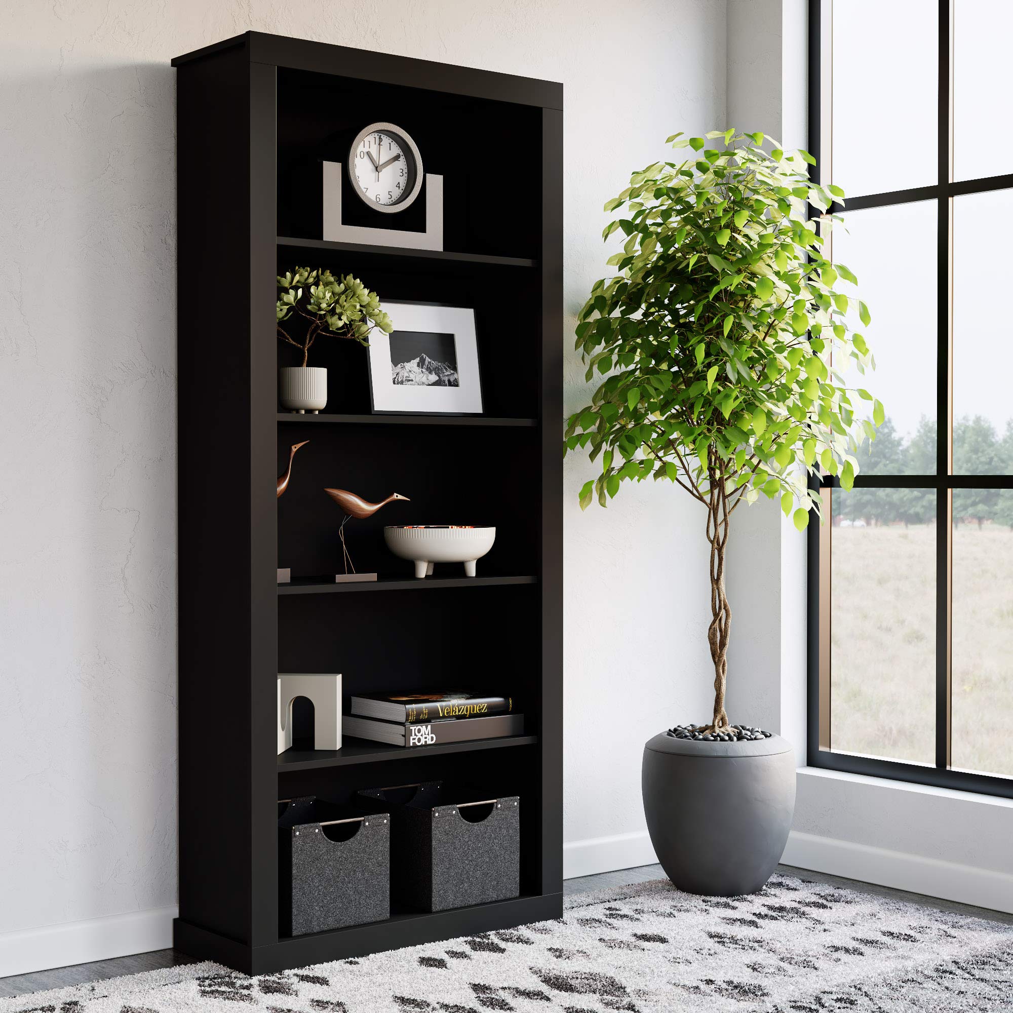 Edenbrook Sumac 5-Shelf Bookcase - Black Wooden Bookshelf Organizer for Bedroom, Home Office, Living Room - 12.8