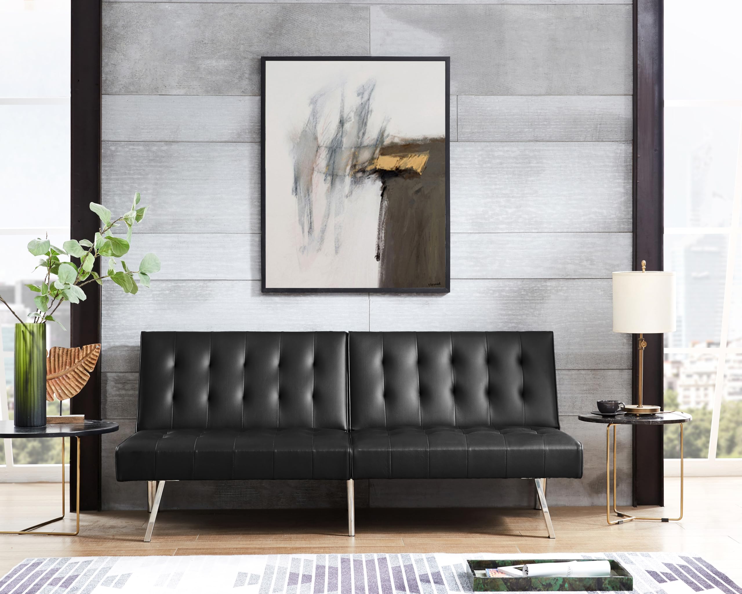 Naomi Home Tufted Split Back Futon Sofa Bed - Faux Leather Convertible Couch with Chrome Legs - Foldable Reclining Sleeper Sofa for Small Spaces - Perfect for Living Rooms, Guest Rooms & Apartments (Black)