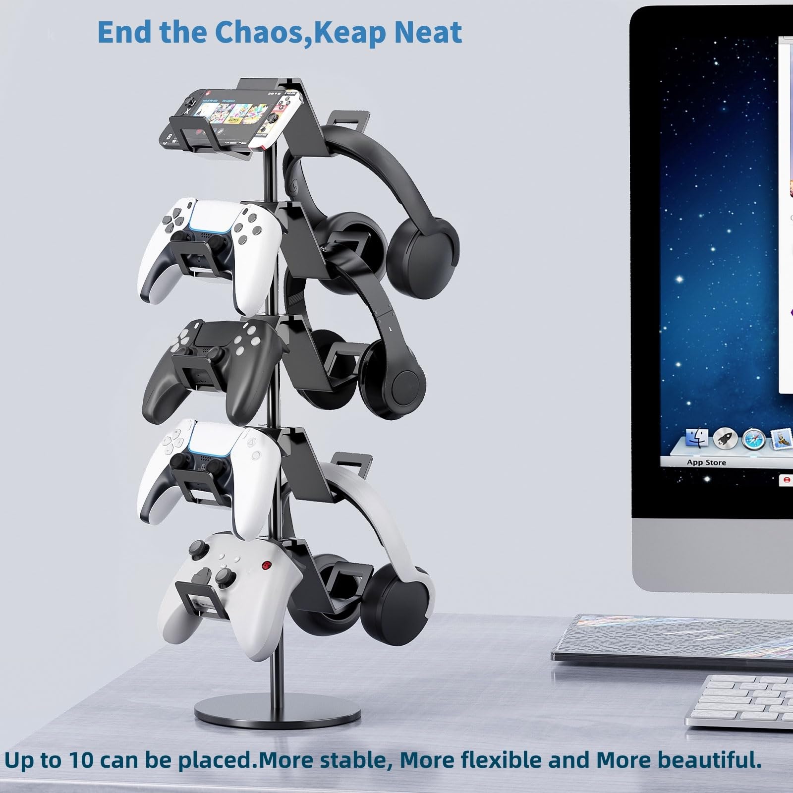 5-Tier Universal Controller Stand & Headphone Holder - Organize Gaming Headsets & Controllers - Durable Black Design for Gaming Setup & Desk Organization
