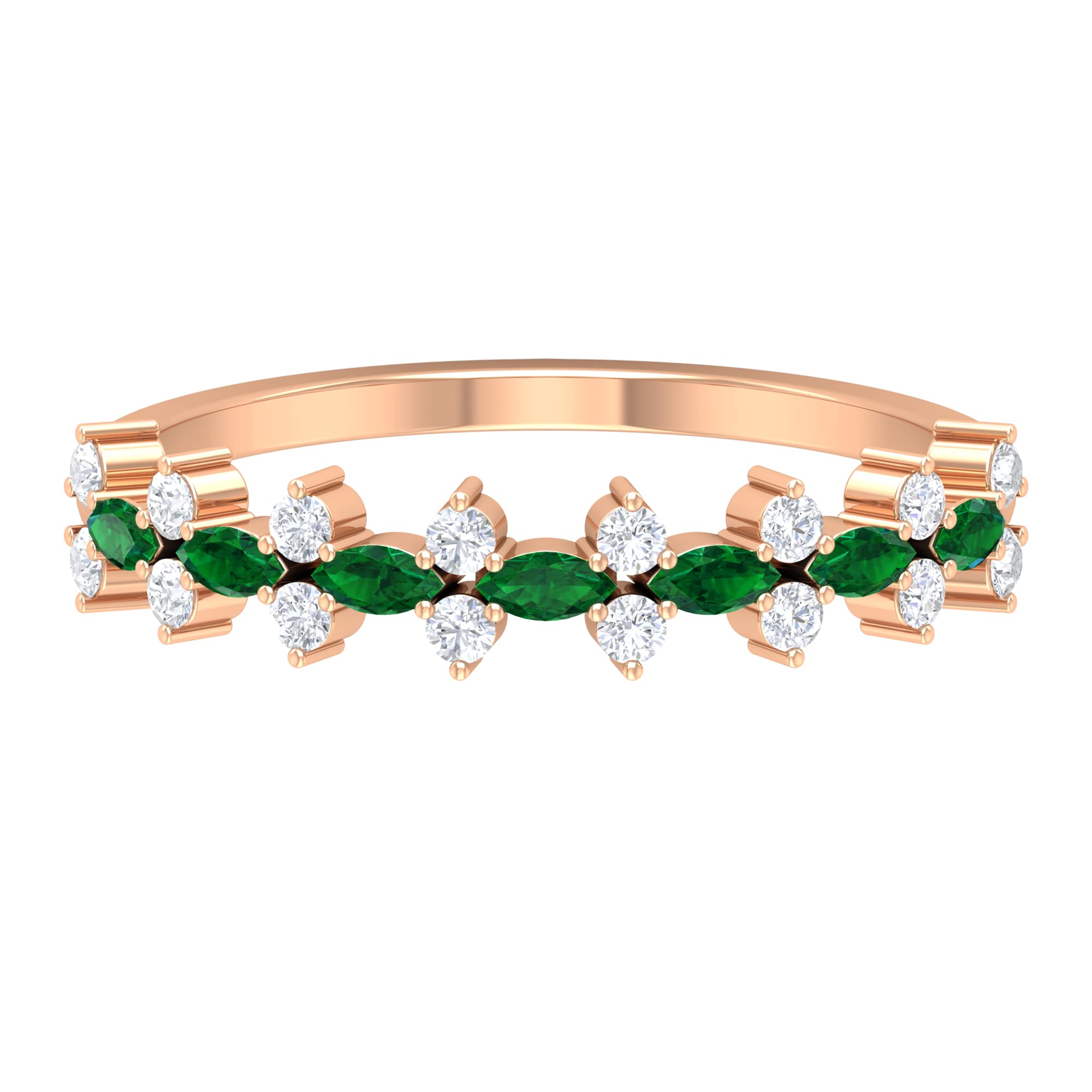 Emerald Half Eternity Ring - 14K Solid Gold Marquise Cut Green Emerald & Diamond Wedding Band for Women, Anniversary Gift, Bridal Jewelry, Engagement Ring Alternative