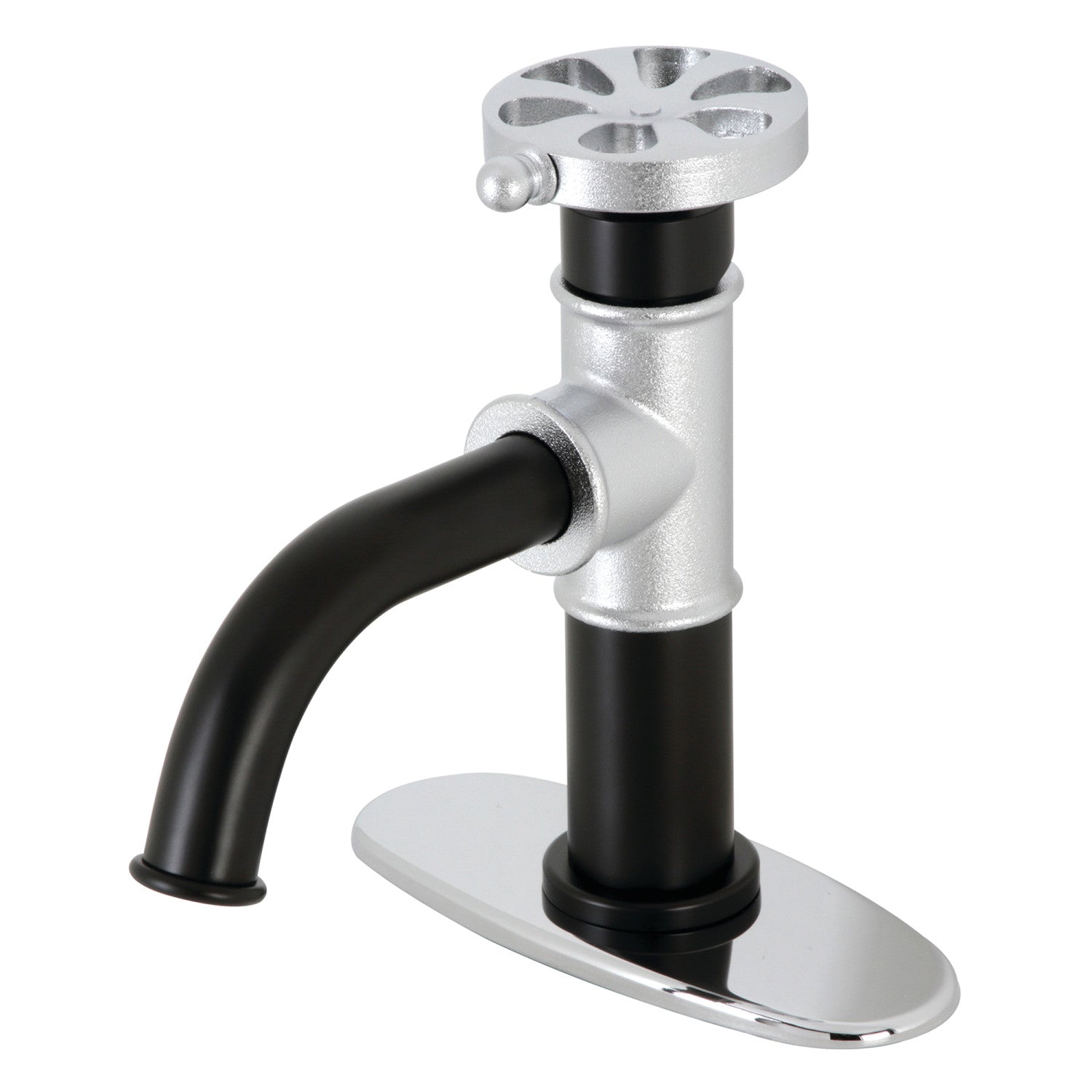 Belknap KSD2821RX Single Handle 1-Hole Bathroom Sink Faucet with Deck Plate & Push Pop-Up Drain - Matte Black/Polished Chrome - Perfect for Modern Bathroom Renovations & Small Space Installations