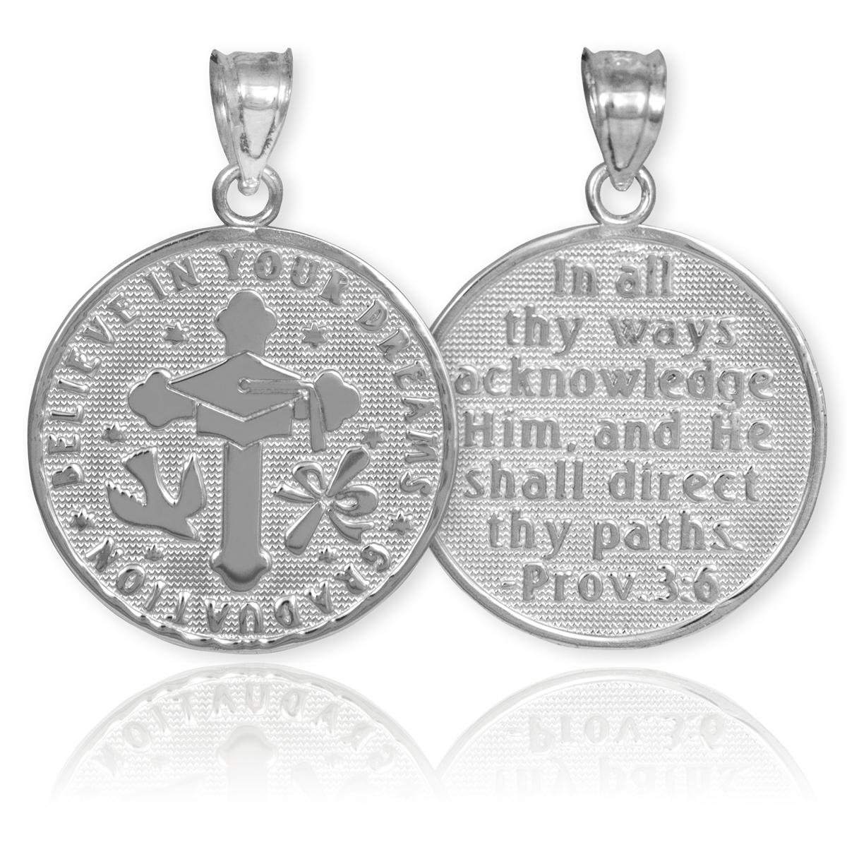 10k White Gold Reversible Graduation Medallion Charm Pendant - Elegant Jewelry Gift for Graduates, Perfect for Necklaces & Bracelets - Ideal for Commencement Ceremonies & Special Occasions