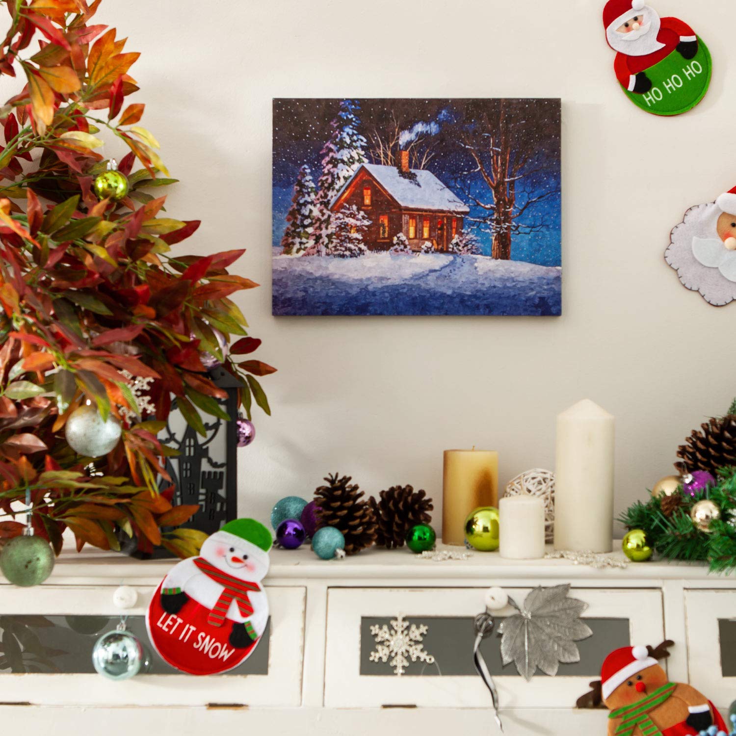 NIKKY HOME 16x12 Inch Christmas LED Lighted Canvas Wall Art - Snow House Holiday Decor for Living Room, Bedroom & Office
