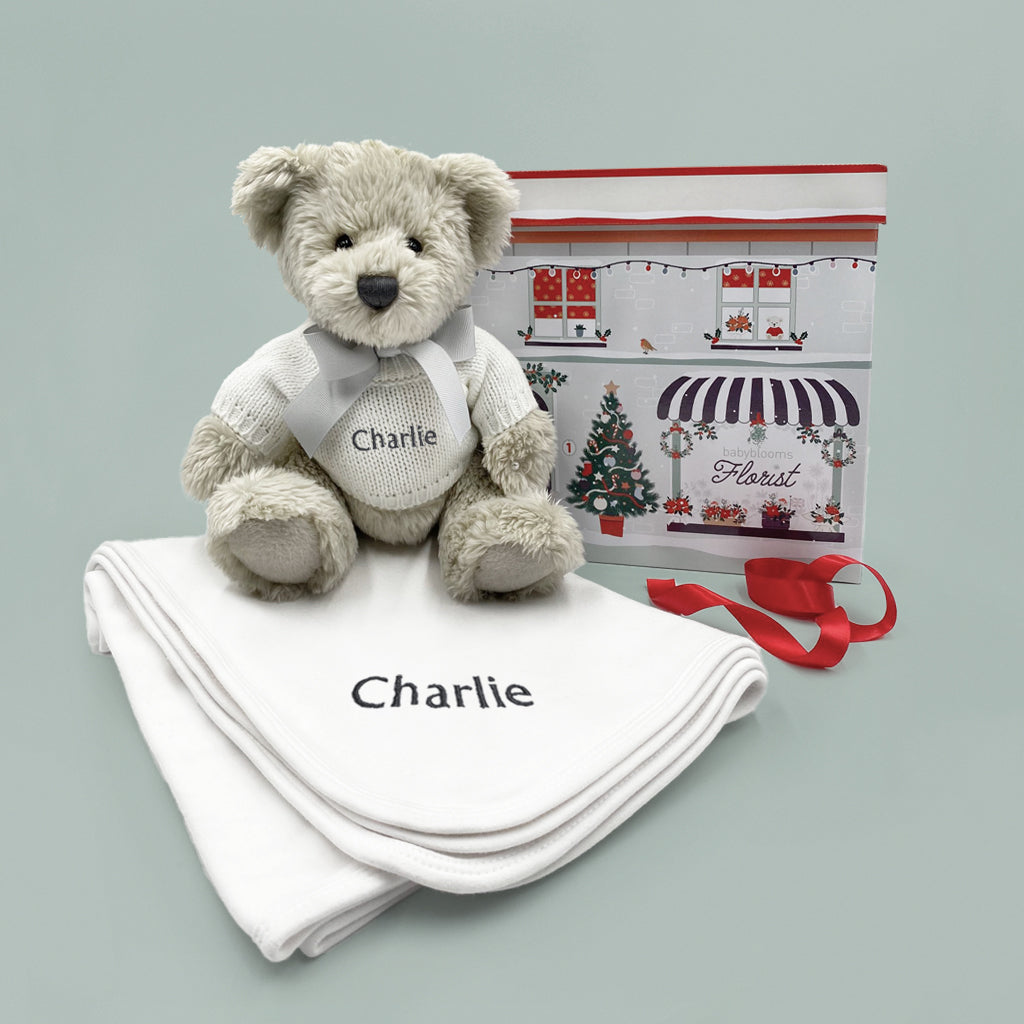 Personalized Christmas Snuggle Wrap with Berkeley Bear - Cozy Grey Blanket for Holiday Gifts, Winter Comfort & Family Movie Nights