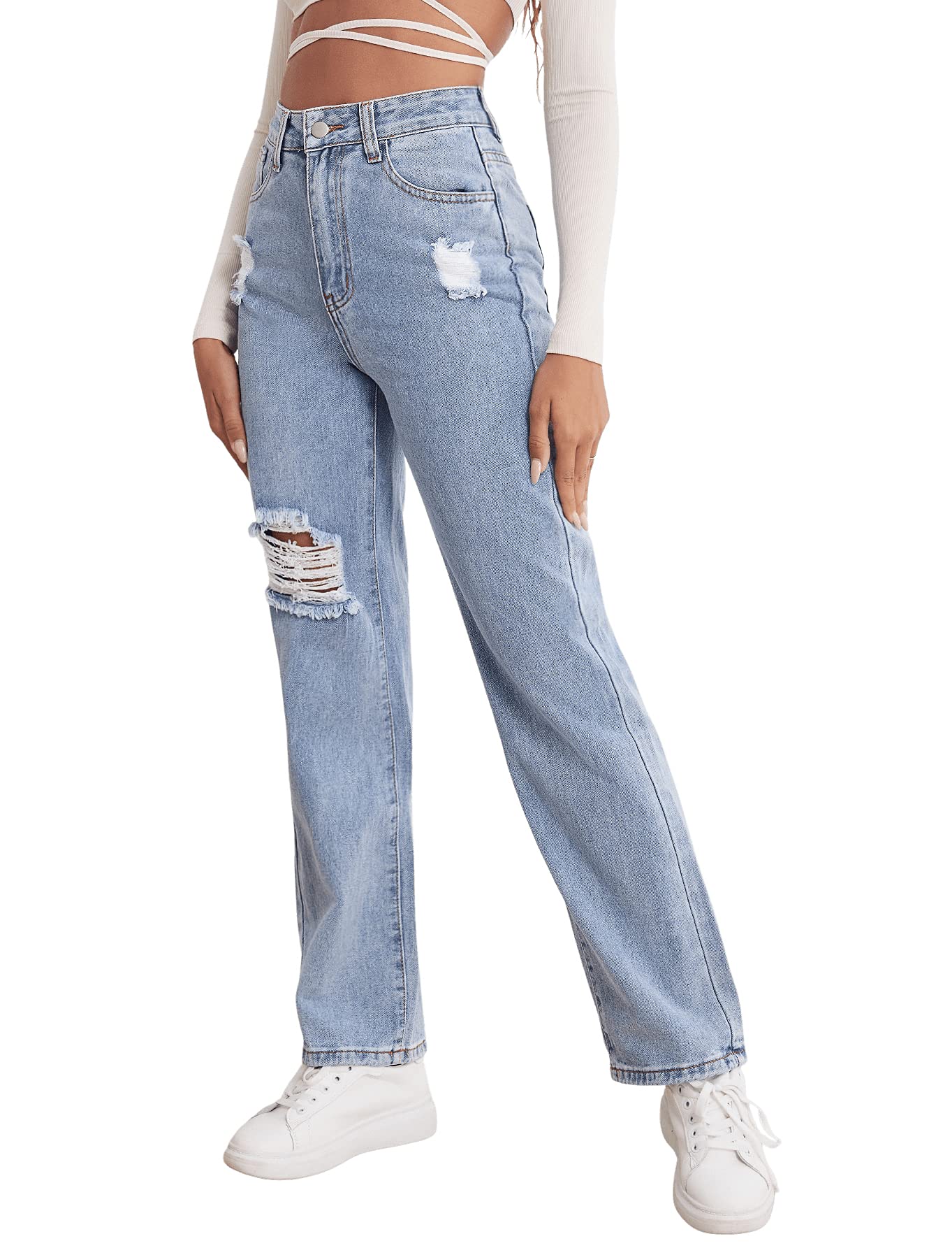 SweatyRocks Women's High Waist Straight Leg Jeans - Ripped Distressed Denim Pants for Casual Wear, Street Style & Everyday Outfits