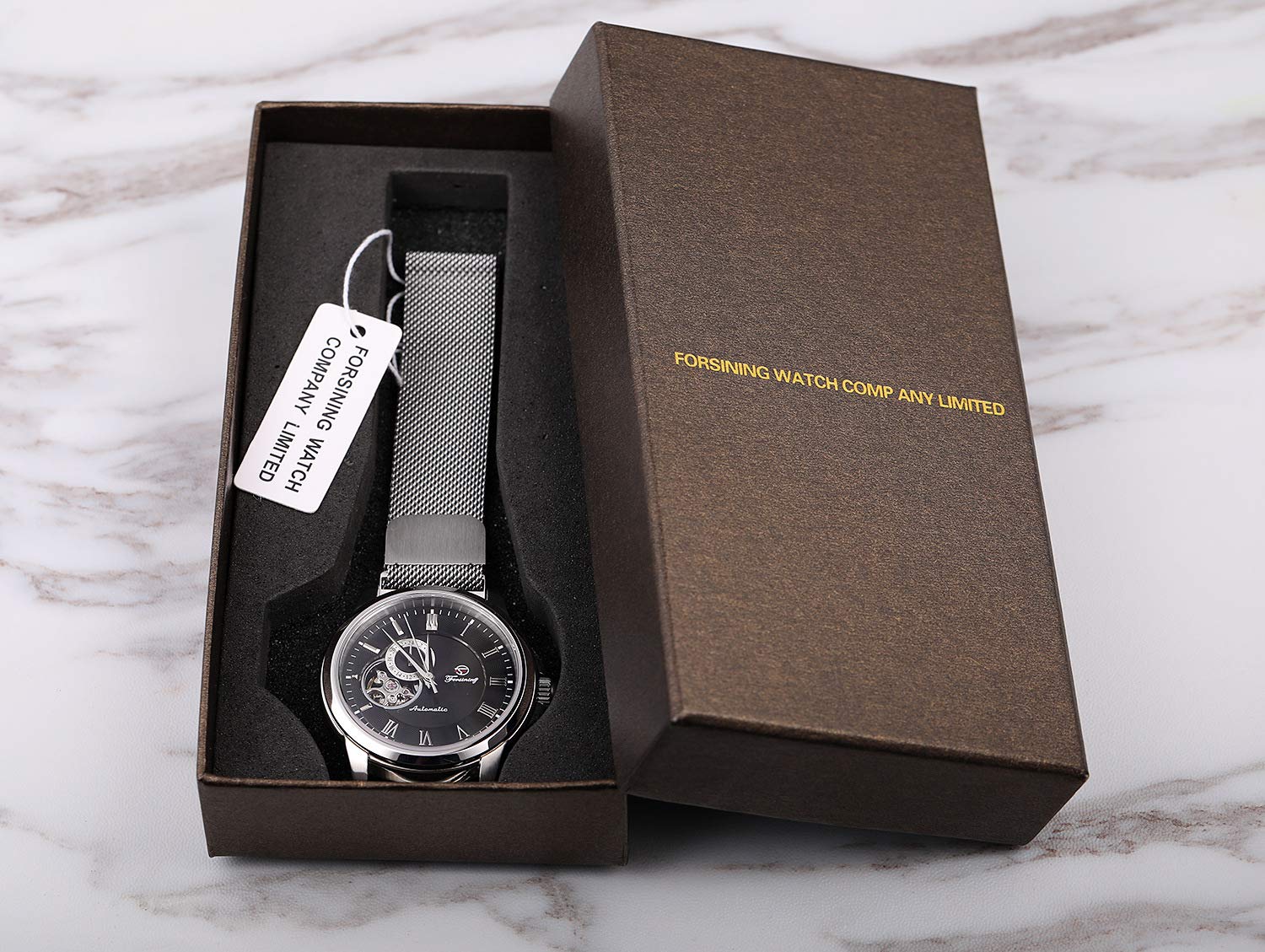 MASTOP Men's Automatic Skeleton Watch - Stainless Steel Mesh Band with Roman Numerals - Waterproof Mechanical Wristwatch for Business, Casual & Formal Occasions