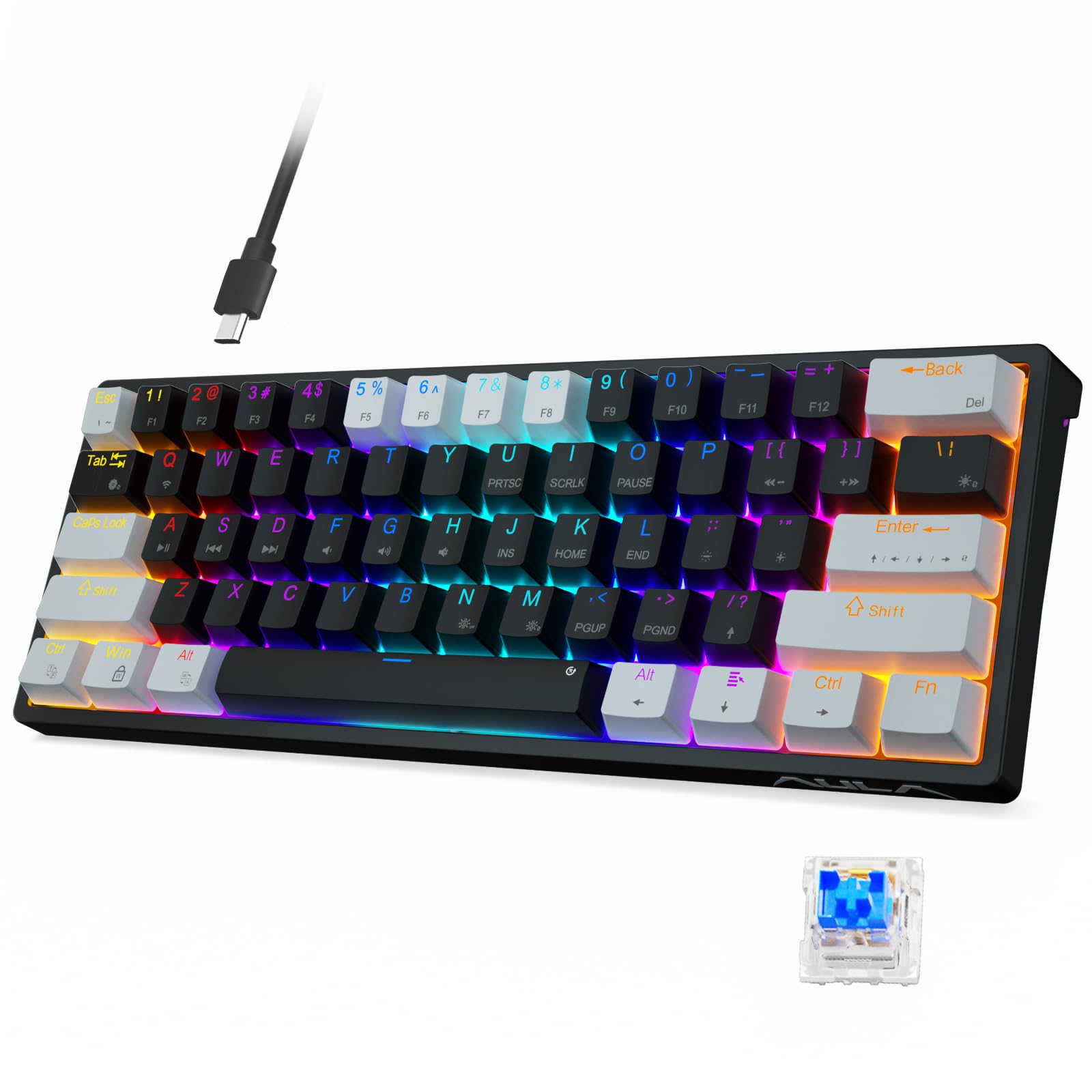 AULA F3261 60% Compact Mechanical Gaming Keyboard with Blue Switches, RGB Backlit, Wired USB for PC, Tablet, PS4, Xbox - Perfect for Esports, Typing & Office Work