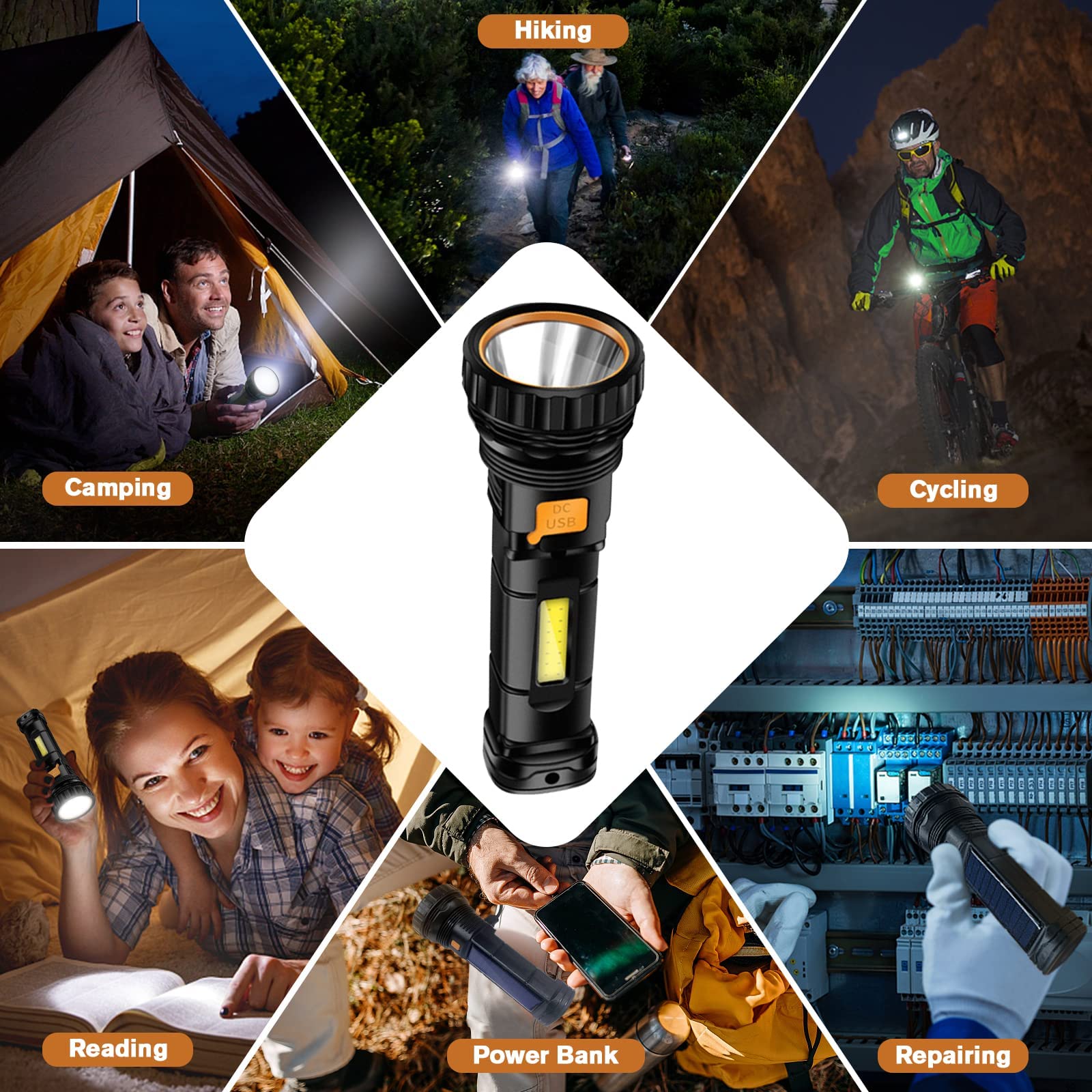 **1000 Lumens Solar/Rechargeable LED Flashlight with Emergency Strobe Light, 1200mAh Battery & USB Charging Cable – Fast Charging, Portable Power Supply for Camping, Hiking & Emergency Preparedness**