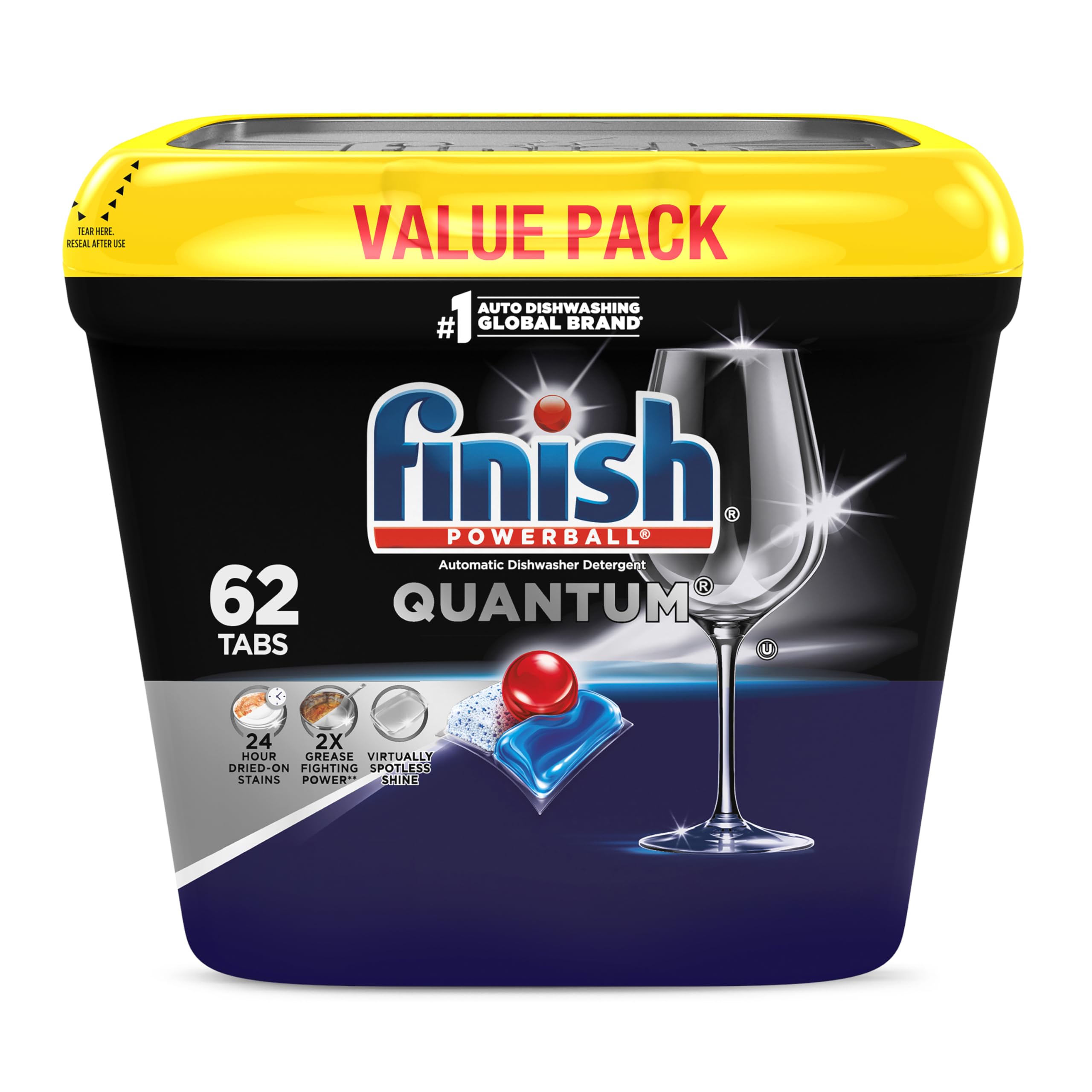 Finish Quantum Dishwasher Pods - No Pre-Rinse Dishwasher Detergent Soap, Removes 24HR Dried-On Stains & Grease, Leaves Virtually Spotless Shine, 62 Count - Perfect for Daily Dishwashing & Tough Stain Removal