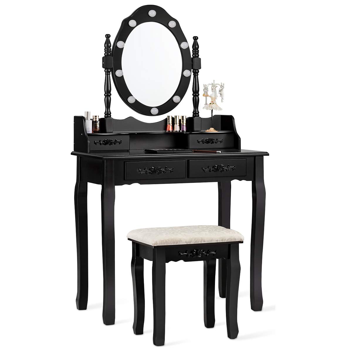 CHARMAID LED Vanity Set with Stool - 10 Lights, 4 Drawers for Bedroom & Bathroom Makeup