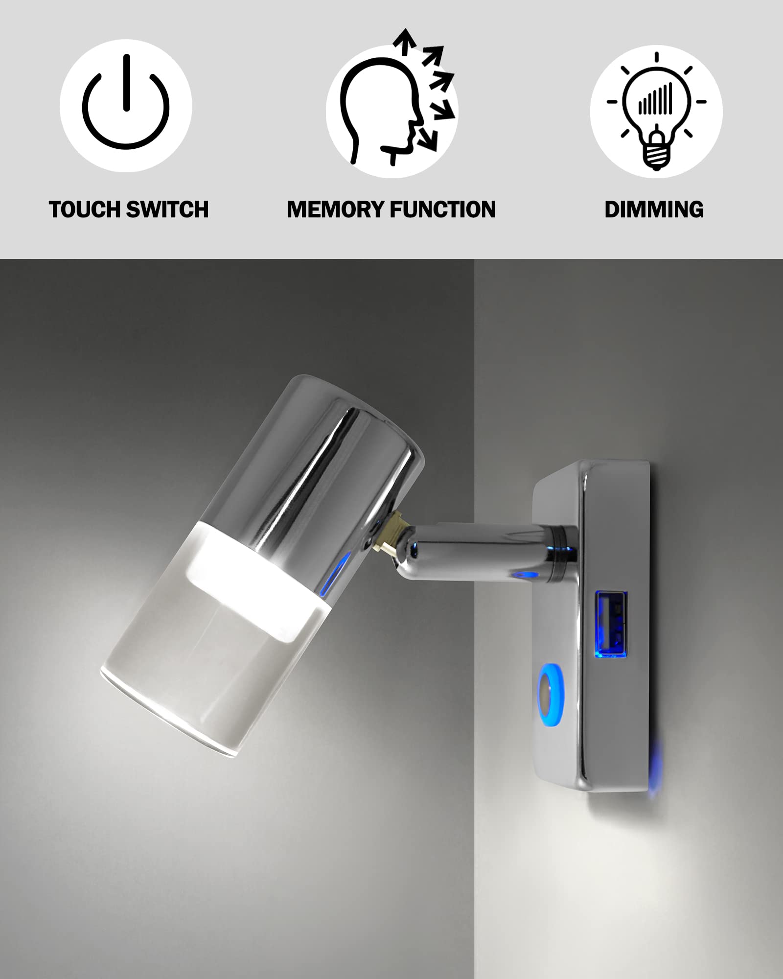 12V RV Reading Light with USB Port - 2 Pack LED Interior Lights for RV, Truck, Trailer, Caravan & Boat - Built-in Dimmer Touch Switch & Blue Night Light - Chrome Bedside Lamp for Camping, Travel & Night Reading