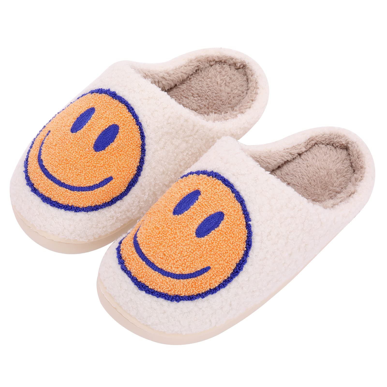 Qubuwalk Retro Happy Face Bunny Slippers for Women - Soft Plush Fuzzy House Shoes, Warm & Comfy Indoor Slippers - Perfect for Lounge, Home, Bedroom & Gift Giving