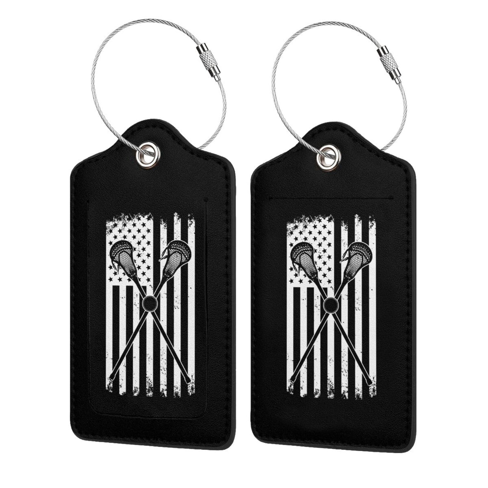 American Flag Lacrosse Stainless Steel Ring Leather Luggage Tags - 4 Pack for Travel, Suitcases & Backpacks - Patriotic Gift for Men & Women