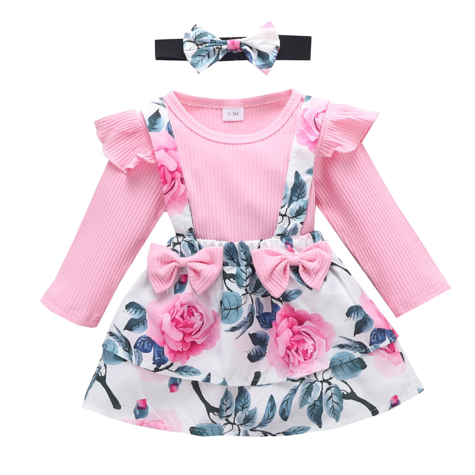Baby Girl Floral Print Ribbed Long Sleeve Bodysuit with Bow Skirt & Headband Set - Newborn Welcome Outfit for Photoshoots, Parties & Special Occasions