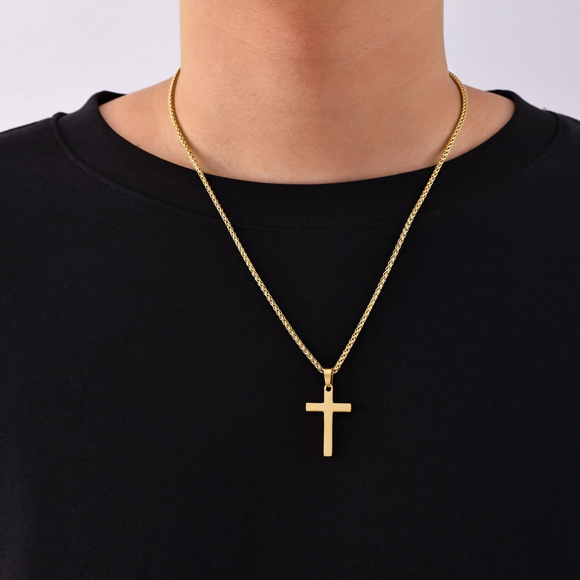 Fiusem Gold Plated Men's Cross Necklace - 2.5mm Stainless Steel Wheat Chain (16-24 Inch Adjustable) - Religious Jewelry for Men, Perfect for Church, Gifts & Everyday Wear
