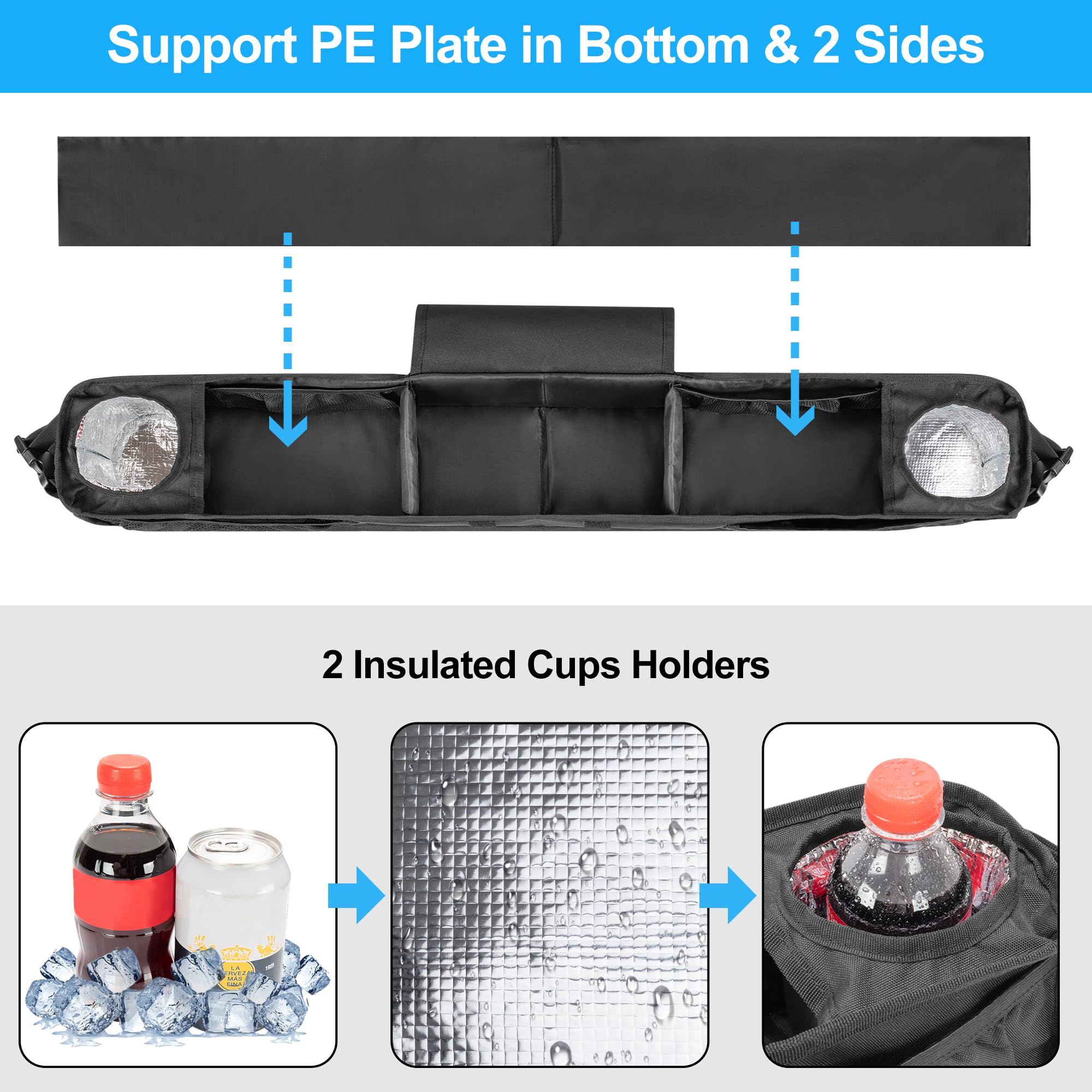 Golf Cart Front Storage Basket with Insulated Cup Holders - No-Drilling Dash Tray Organizer for EZGO, Club Car, Kandi Electric Golf Carts - Perfect for Golf Course, Camping & Outdoor Storage Organization