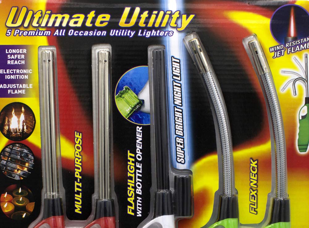 Premium Multi-Purpose Gas Utility Lighters for BBQ, Kitchen, Fireplace, Grill & Outdoor Camping - Windproof & Refillable (Pack of 5) - Perfect for Cooking, Grilling, Lighting Candles & Fireplaces