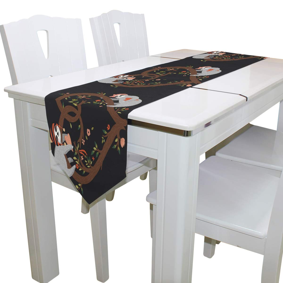 AUUXVA 13x70 Inches Long Table Runner - Cute Sloth & Floral Pattern Polyester Tablecloth for Dining, Kitchen, Coffee Table - Perfect for Home Decor, Parties, Banquets & Holiday Celebrations